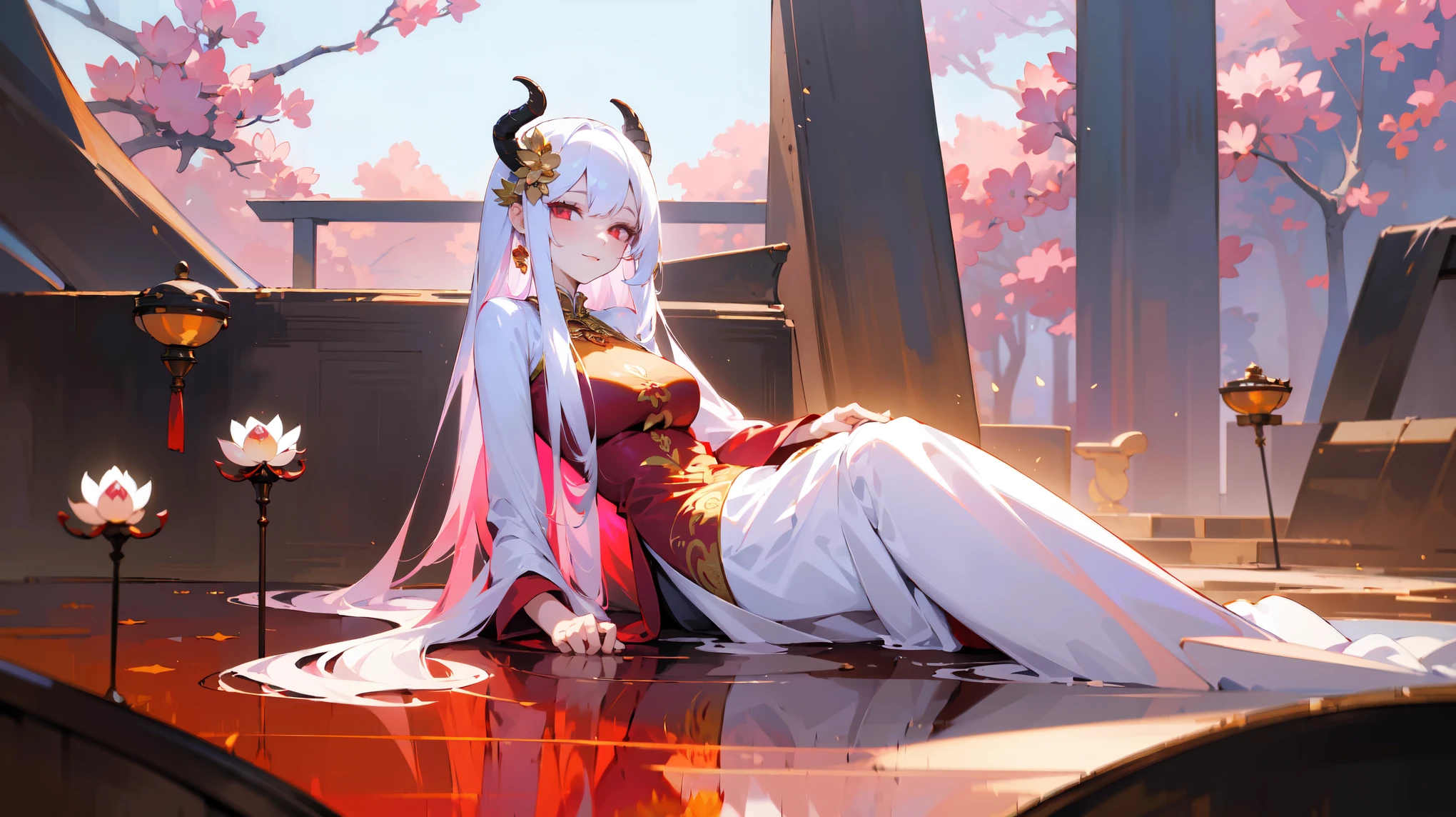 (best quality,highres,masterpiece:1.2),(flatten art:0.75), masterpiece, best quality, 1woman, Anime, darker environment, white horns, long straight white hair, golden hair ornaments, white ao dai, red demon eyes, large breast, enticing, night, dark, pink lotus pool, looking at viewer, solo, faint moonlight, smirks, close-up