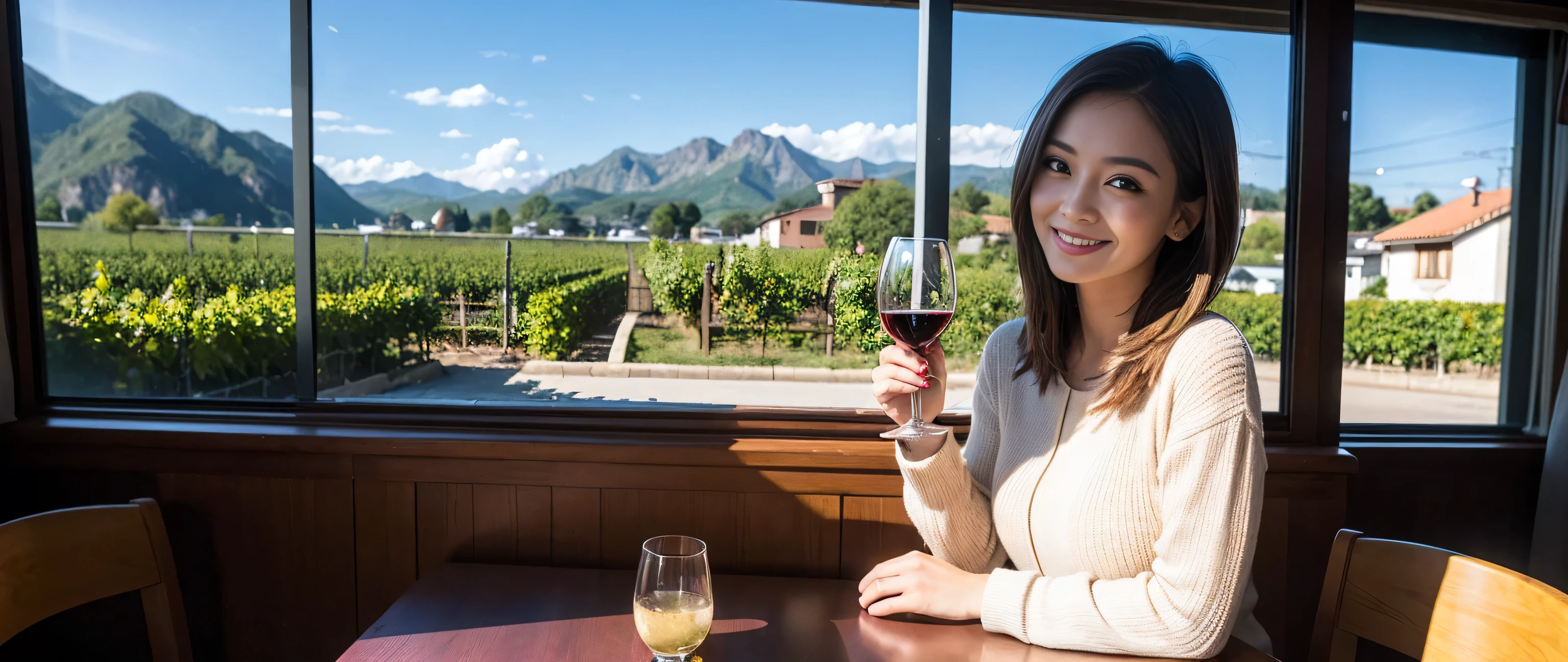 ((highest quality、8k、masterpiece:1.3))、Sharp focus:1.2、Beautiful woman perfect body:1.4、Slim body、((Bob Hale、Straight hair:1.2))、(to be born, highest quality, masterpiece:1.5), (Realistic, Intricate details:1.2), Wine on the table、, shine a light on your face、Amazing view of the sunset sky and clouds、Amazing mountain views、A bright smile、A lovely woman with a smile、Bright image、2. The beauty of wine, Beautiful Face, blue eyes, The light shines on your face, Blushing, short hair,Bright Face、Fox face、 (33 years old), 39 years old, Lady、red wine 、Appetizers、Italian food、Wine bottle、Champagne、sparkling wine、Two beauties、Brown Hair、Shortcuts、Long sleeve shirt、dress、Pretty Woman 1, (Slim face), (The body is slim), (Brown Hair), (Shortcuts), cheeks turn a little red,Attractive beauty、, Out of the window, A beautiful and detailed night view unfolds.........., restaurant, In a prominent place (From the waist up) Nova Frog Style, actress, model, Upper Body, White wine, slim, wine glass, A wine glass placed in the middle, smile, (smile: 1.15), Beautiful fine grain, Depth f/2,saturation, High Contrast, Strong light and shadow,Moist Body:1.5、3D texture、Delicate eyes、Brown Hair、The hair is very shiny、