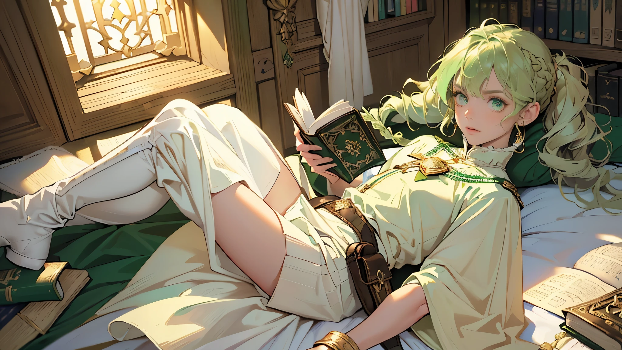 masterpiece, ultra detailed, 8k portrait, RAW photo, portrait photography, highly detailed face, beautiful and meticulous eyes, ((Fantasy)), Young beautiful, 15 years old, (((drooping eyes))), dynamic pose, (((short wavy light green hair))), ((braided twin tail)), parted bangs, White skin color, Luxury, (((white tunic and skirt))), (((green cape))), (((golden brooch))), (((little waist hip pouch))), high cut leather boots, ((holding magic book)), Midday Sun, hyper realistic, slender body, flat chest, Long legs, in the medieval magic classroom, Ambient lighting, Shadow details , Camera focus on face, strong breeze, Light fog