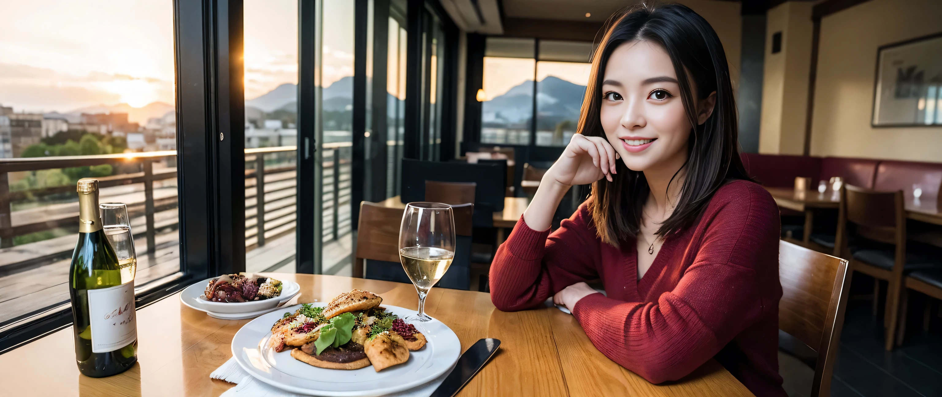 ((highest quality、8k、masterpiece:1.3))、Sharp focus:1.2、Beautiful woman perfect body:1.4、Slim body、((Bob Hale、Straight hair:1.2))、(to be born, highest quality, masterpiece:1.5), (Realistic, Intricate details:1.2), Wine on the table、, shine a light on your face、Amazing view of the sunset sky and clouds、Amazing mountain views、A bright smile、A lovely woman with a smile、Bright image、2. The beauty of wine, Beautiful Face, blue eyes, The light shines on your face, Blushing, short hair,Bright Face、Fox face、 (44 years old), 39 years old, Lady、red wine 、Appetizers、Italian food、Wine bottle、Champagne、sparkling wine、Two beauties、Brown Hair、Shortcuts、Long sleeve shirt、dress、Pretty Woman 1, (Slim face), (The body is slim), (Brown Hair), (Shortcuts), cheeks turn a little red,Attractive beauty、, Out of the window, A beautiful and detailed night view unfolds.........., restaurant, In a prominent place (From the waist up) Nova Frog Style, actress, model, Upper Body, White wine, slim, wine glass, A wine glass placed in the middle, smile, (smile: 1.15), Beautiful fine grain, Depth f/2,saturation, High Contrast, Strong light and shadow,Moist Body:1.5、3D texture、Delicate eyes、Brown Hair、The hair is very shiny、
