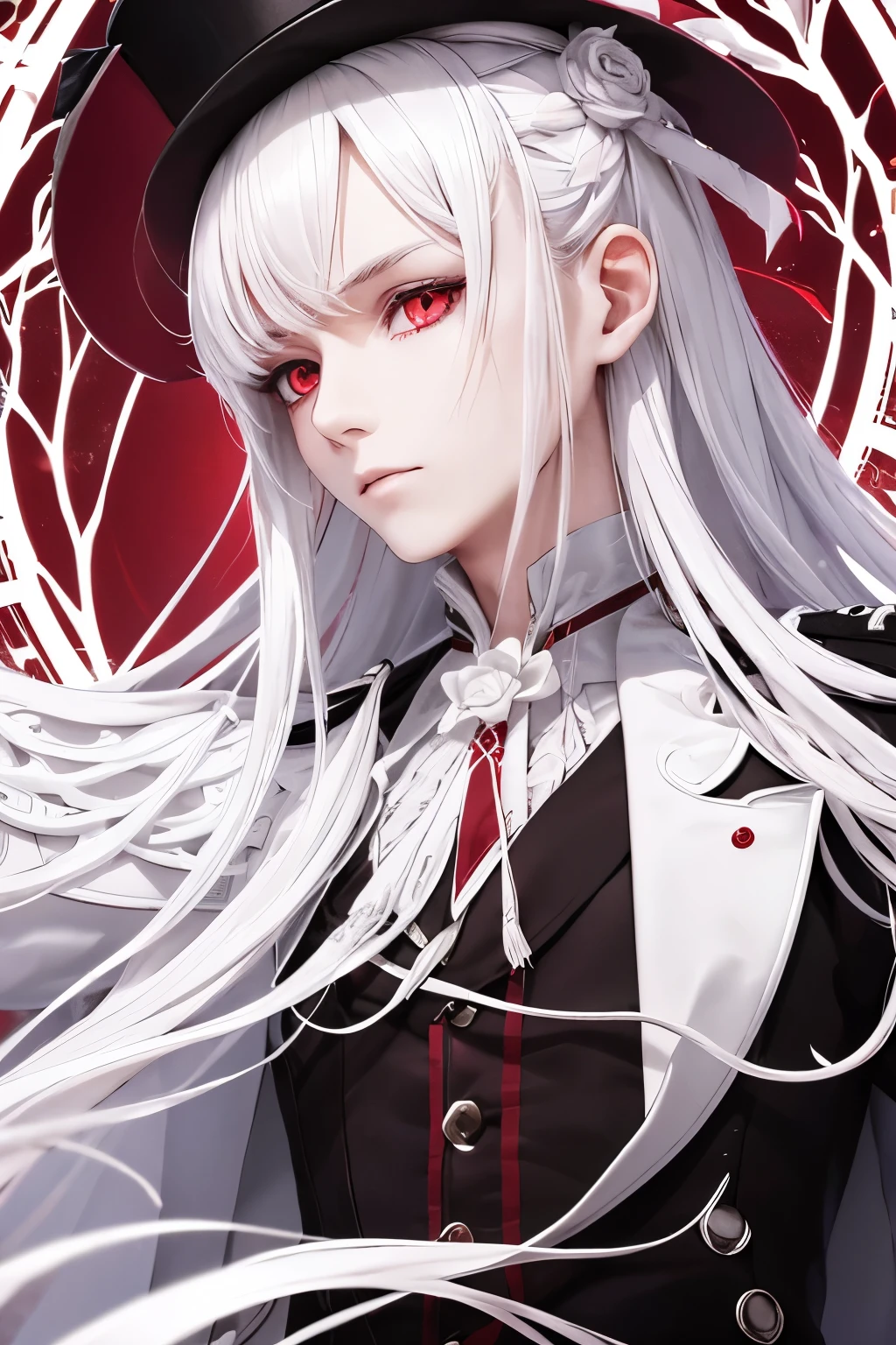 Male about 18, White Gothic jacket with a dark red pattern in the roots, white top hat, white long hair, Eyes Ruby, Iigdrasil background