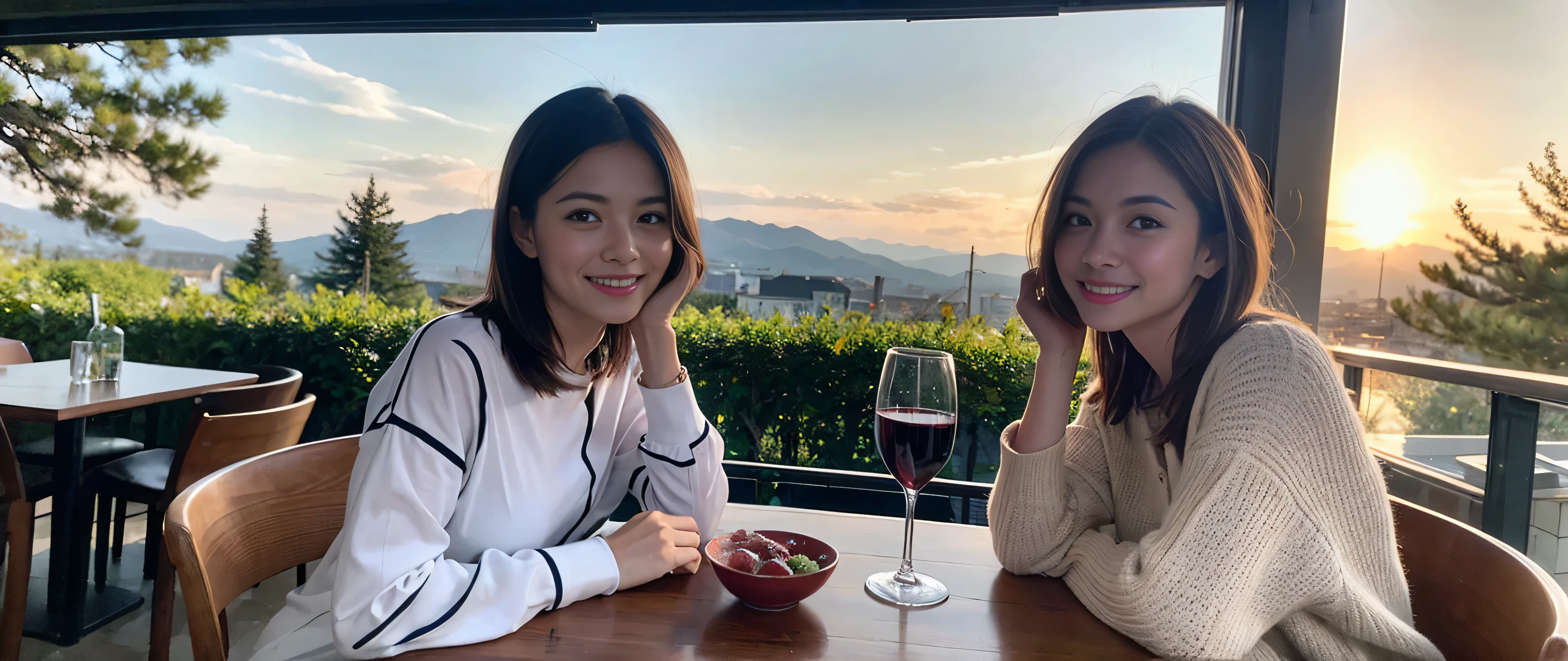 ((highest quality、8k、masterpiece:1.3))、Sharp focus:1.2、Beautiful woman perfect body:1.4、Slim body、((Bob Hale、Straight hair:1.2))、(to be born, highest quality, masterpiece:1.5), (Realistic, Intricate details:1.2), Wine on the table、, shine a light on your face、Amazing view of the sunset sky and clouds、Amazing mountain views、A bright smile、A lovely woman with a smile、Bright image、2. The beauty of wine, Beautiful Face, blue eyes, The light shines on your face, Blushing, short hair,Bright Face、Fox face、 (44 years old), 39 years old, Lady、red wine 、Appetizers、Italian food、Wine bottle、Champagne、sparkling wine、Two beauties、Brown Hair、Shortcuts、Long sleeve shirt、dress、Pretty Woman 1, (Slim face), (The body is slim), (Brown Hair), (Shortcuts), cheeks turn a little red,Attractive beauty、, Out of the window, A beautiful and detailed night view unfolds.........., restaurant, In a prominent place (From the waist up) Nova Frog Style, actress, model, Upper Body, White wine, slim, wine glass, A wine glass placed in the middle, smile, (smile: 1.15), Beautiful fine grain, Depth f/2,saturation, High Contrast, Strong light and shadow,Moist Body:1.5、3D texture、Delicate eyes、Brown Hair、The hair is very shiny、