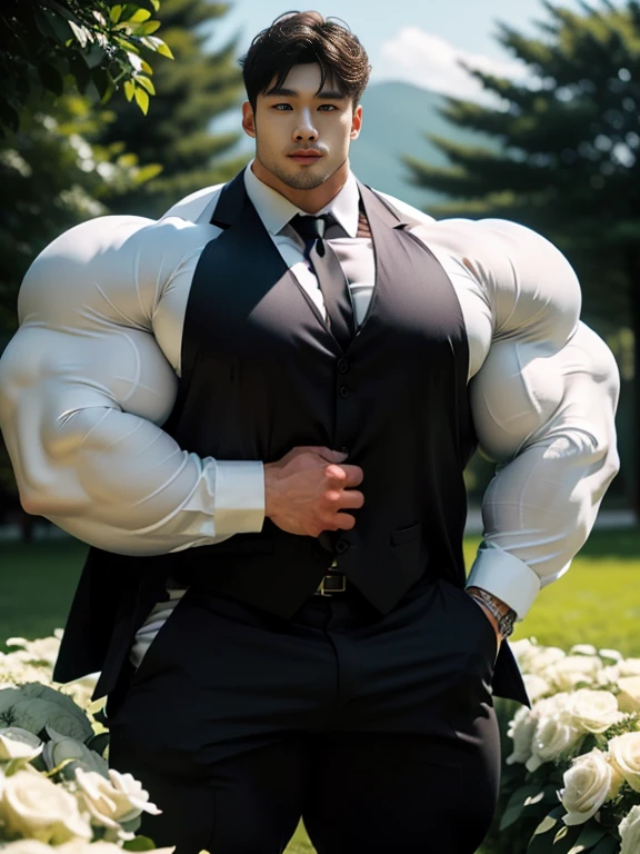 (best quality:1.5, hyperrealistic:1.5, photorealistic:1.4, madly detailed CG unity 8k wallpaper:1.5, masterpiece:1.3, enthusiastically detailed photo:1.2), (hyper-realistic lifelike texture:1.4), highly detailed, ((masterpiece, best quality)), retouched, extremely detailed 8K wallpaper, 1 korean male, (korean man with k-pop idol look), 20yo, handsome, hyper muscle, stubble, firm, wear groom suit and pants, big guy, photo real, illuminating light, brutalmass, giant muscular bodybuilder, bulk, massive body, large size, charming, wedding decorated field with white flowers, outdoor
