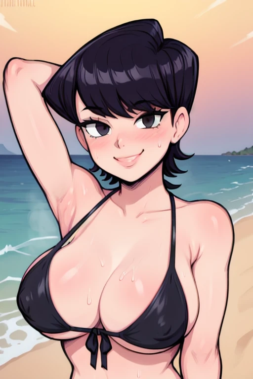 masterpiece, best quality, komi, looking at viewer, large breasts, upper body, portrait, seductive smile, put your hands behind your head, armpits, armpits visible, sweaty armpits, wearing bikini, beach