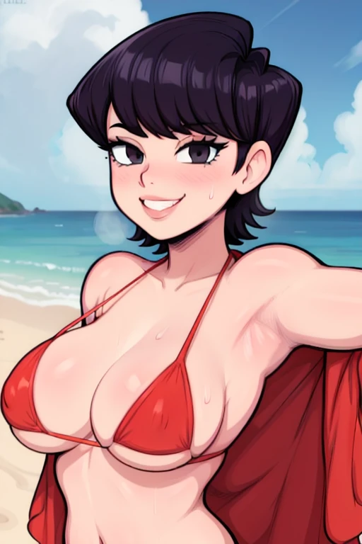 masterpiece, best quality, komi, looking at viewer, large breasts, upper body, portrait, seductive smile, put your hands behind your head, armpits, armpits visible, sweaty armpits, wearing bikini, beach