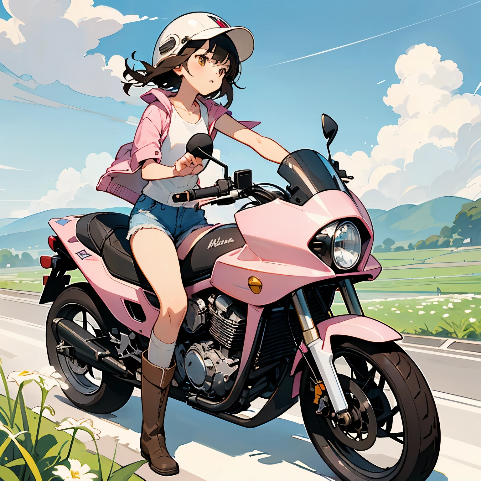 Highest quality、A girl is riding a white Super Cub、Dark brown short cut、(He is wearing a jet helmet with white and black lines running down the center of the helmet from front to back.、White tank top、Pink jacket、Denim shorts、White knee-high socks、Brown work boots:1.3)、Japanese countryside scenery、Road beside the stream、Small creek、Dirt Road、Weeds grow along the side of the road、Blue sky、White clouds floating、Early summer sky、