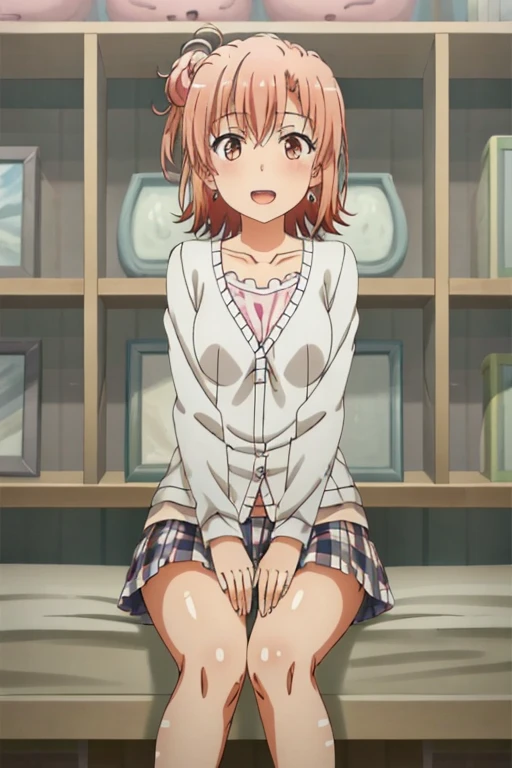 ((highest quality)), ((masterpiece)), (be familiar with), Perfect Face, indoor, Bedroom, Watching the audience,
One woman, Yuigahama Yui,
Open Mouth, Ecstatic expression, blush, smile,
Small breasts, Flat Chest, Young Girl, , , Girl,
Short Hair, Salmon-colored hair, Salmon-colored eyes, Side Pony,
Leg spread,