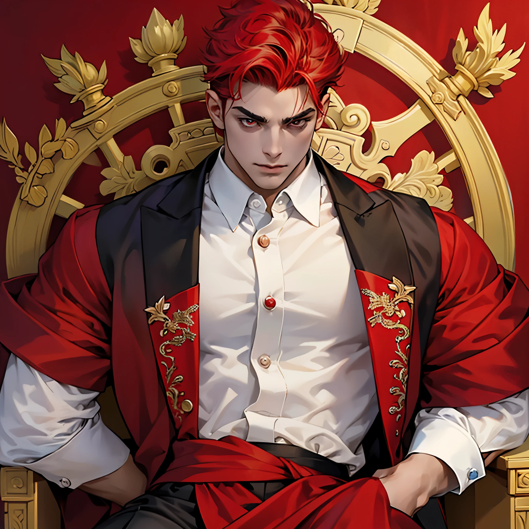 Obra maestra, mejor calidad, alta calidad, 1 chico de pelo rojo anime, solo, con ojos rojos detallados, lleva ropa un traje elegante, no tiene vello facial.