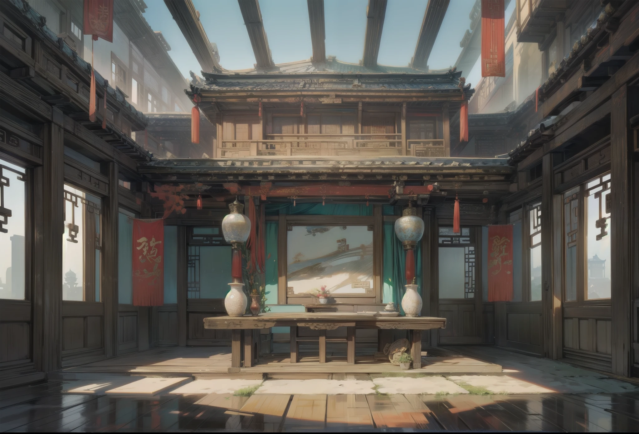 inside Old ancient chinese mansion, ancient traditional mansion, mansion, bight colors, stunning mansion, detailed chinese mansion, indoors, blue sky, daytime, scene, scenery, background, rich ancient chinese mansion indoors, luxury