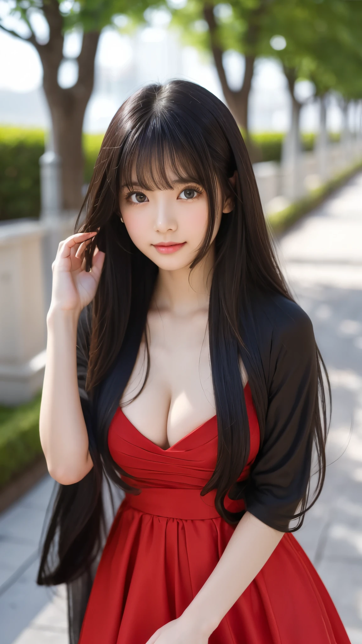 Shining, clear, white skin、Her windblown black hair hides her beautiful face.、huge、Sexy beautiful face of 28 years old、Beautiful straight hair that stands out、growing up, glowing light brown eyes、Sexy long silky bangs covering the eyes, Sexy young woman with super long hair hiding her sexy face、Shiny black hair、(((Sexy Woman)))、The cleavage is visible,Red sexy dress