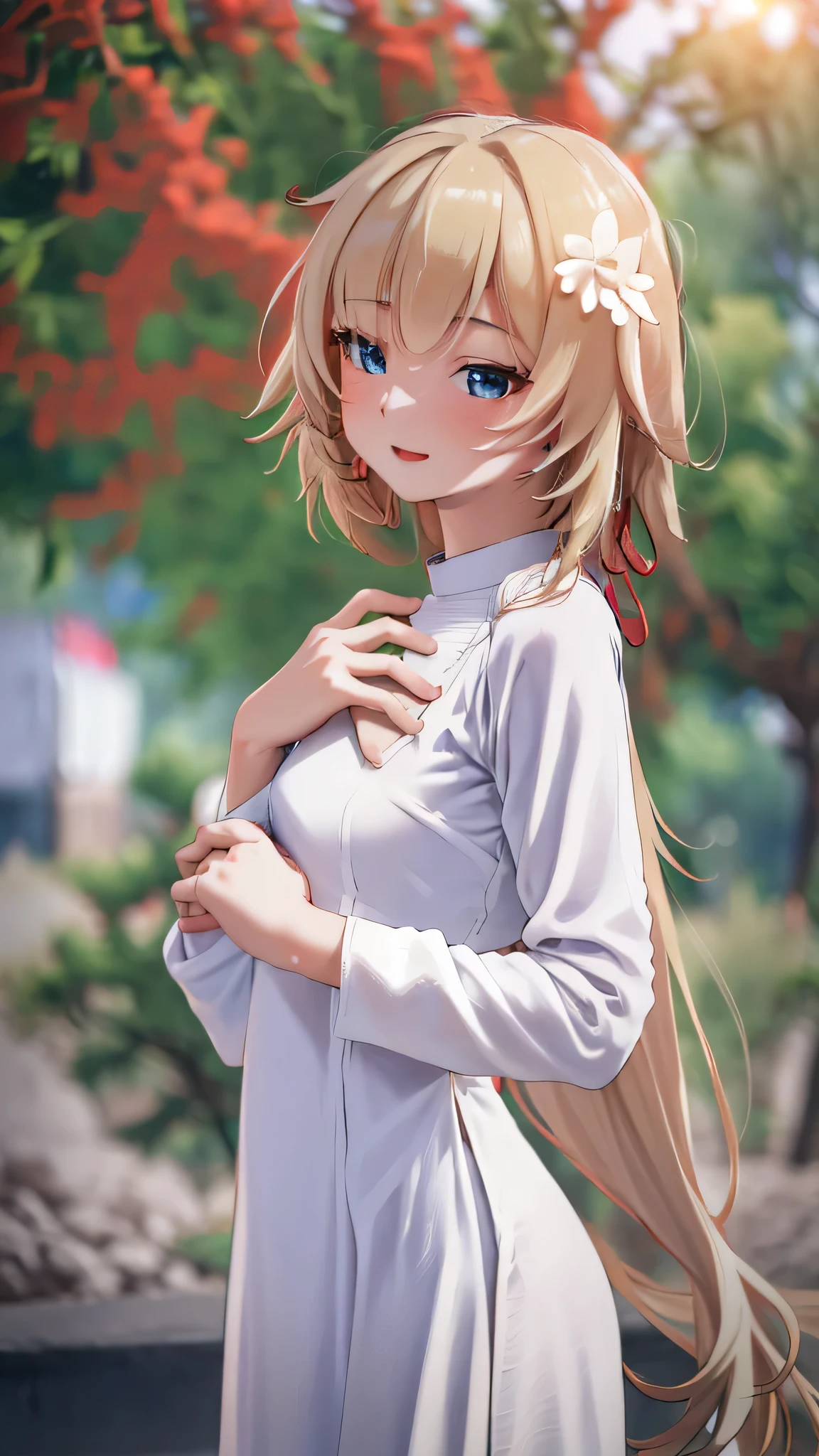 akaihaato, 1girl, white aodai, photo art, (flower), a stunning photo with beautiful saturation, ultra high res,(realistic:1.4)),deep shadow,(best quality, masterpiece), pale skin, dimly lit, shade, flustered, blush, highly detailed, skinny, BREAK depth of field, film grain, wrinkled skin, looking at viewer, warm smile, (upper body), masterpiece,ultra realistic,32k,extremely detailed CG unity 8k wallpaper, best quality, blonde