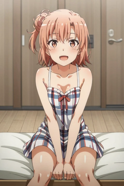 ((highest quality)), ((masterpiece)), (be familiar with), Perfect Face, indoor, Bedroom, Watching the audience,
One woman, Yuigahama Yui,
Open Mouth, Ecstatic expression, blush, smile,
Small breasts, Flat Chest, Young Girl, , , Girl,
Short Hair, Salmon-colored hair, Salmon-colored eyes, Side Pony,
Leg spread,