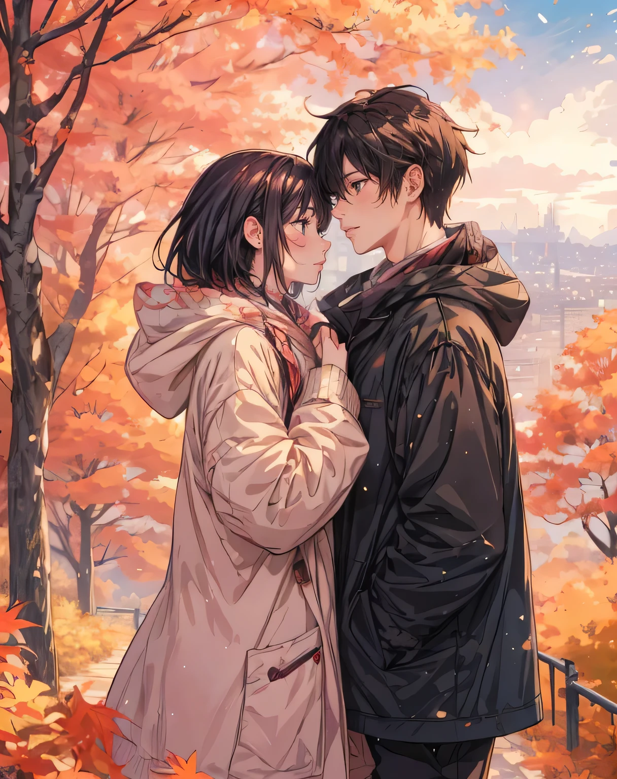 anime couple in the city with autumn trees in the background, anime style 4 k, in anime style, digital anime illustration, anime style illustration, anime style portrait, shoujo romance, 🍁 cute, artwork in the style of guweiz, guweiz and makoto shinkai, kawacy, high quality anime artstyle, in an anime style