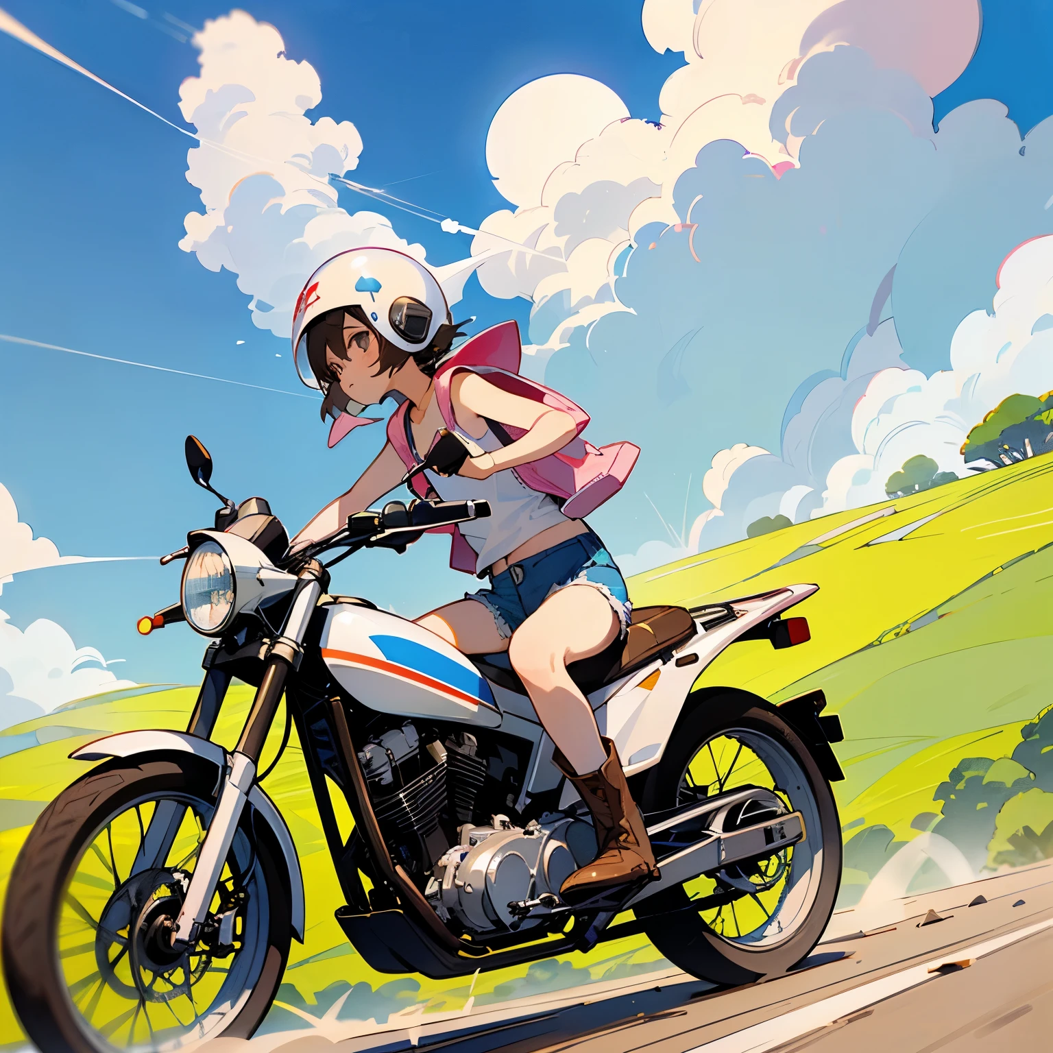 Highest quality、A girl is riding a white Super Cub、Dark brown short cut、(He is wearing a jet helmet with white and black lines running down the center of the helmet from front to back.、White tank top、Pink jacket、Denim shorts、White knee-high socks、Brown work boots:1.3)、Japanese countryside scenery、Road beside the stream、Small creek、Dirt Road、Weeds grow along the side of the road、Blue sky、White clouds floating、Early summer sky、