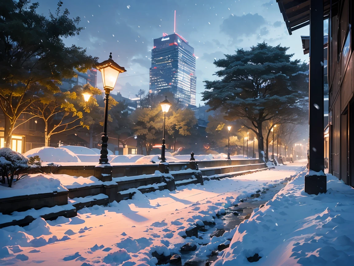 ((masterpiece)), ((top-quality)), (hight resolution:1.4), (extremely detailed CG unified 8k wallpaper),(Near and far law),Ray Tracing,(A city turned into a jungle:1.5),(depth of field),(beautiful night scene:1.4),(projected inset),(((very dark background))),(Midnight:1.4),midwinter,(cloudy ash sky:1.2),(Detailed Shinjuku Gyoen National Garden;1.4),(Detailed ruins:1.4),(In the midst of falling snow:1.4),(from behind),((Chilling Wind)),(Large snow:1.4),TOKYOcty,Shinjuku,By Shinkai Makoto,(Garden of Words:1.3),((Detailed distant cityscape)),Residential area,condominium,apartament,Photorealsitic,Background Focus,Panoramic shooting,f/2.8,35m