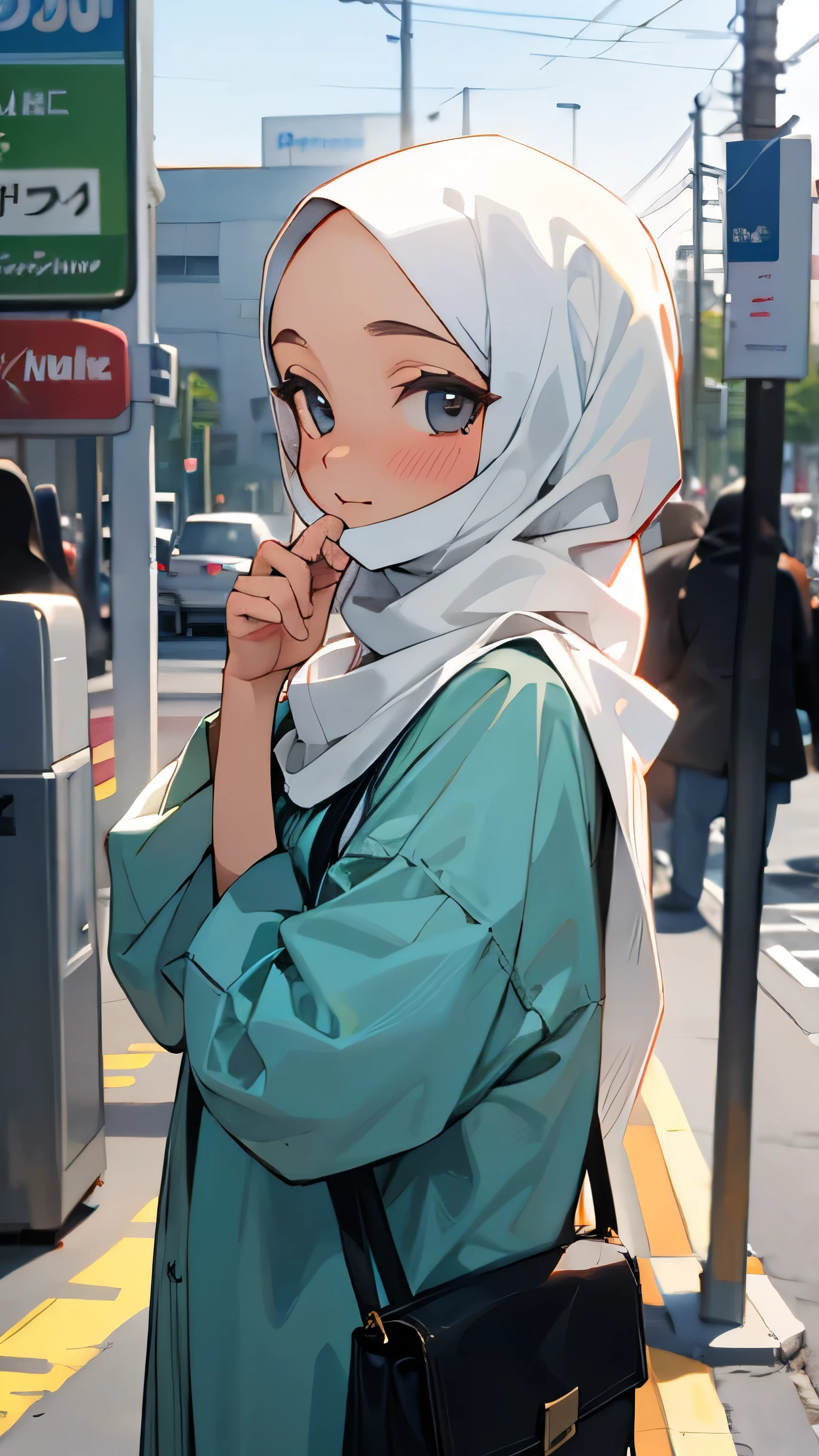 A closeup portrait of a serene Hijabi woman in a plain, undecorated dress. Her face takes center stage against the backdrop of a rainy urban cityscape, with glistening streets and reflections, creating a mood of urban romance and introspection.