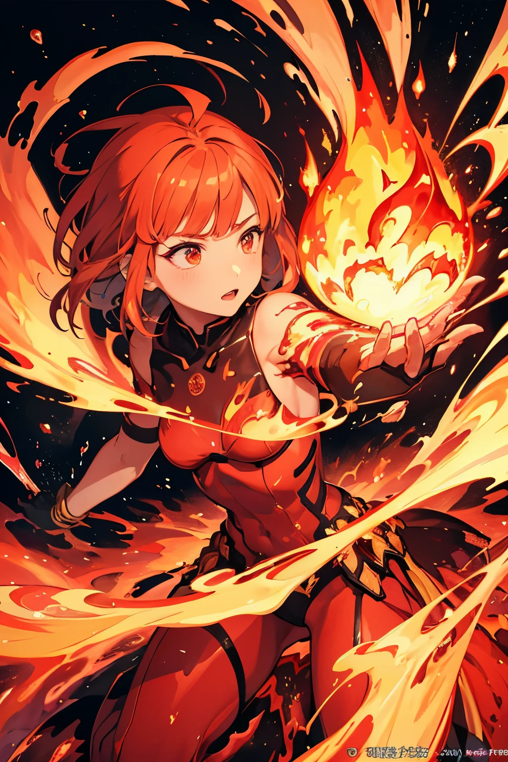 (highest quality、masterpiece、High resolution)、4K Anime Art、(Beautiful woman、1 person)、(Dynamic pose)、Small breasts、Exposing shoulders、short hair、Red hair、Burning Feather、Burning flowers、Burning lava particles、(Fractal Art: 1.1)、(Magma Eruption: 1.3)、(Magma Movement: 1.4)、(Magma Splash: 1.4)、(Magma particles: 1.4)、(colorful: 1.1)、(Flowers: 1.1)、(Tangled: 1.2)、(Abstract background: 1.3)、(Shiny skin)、