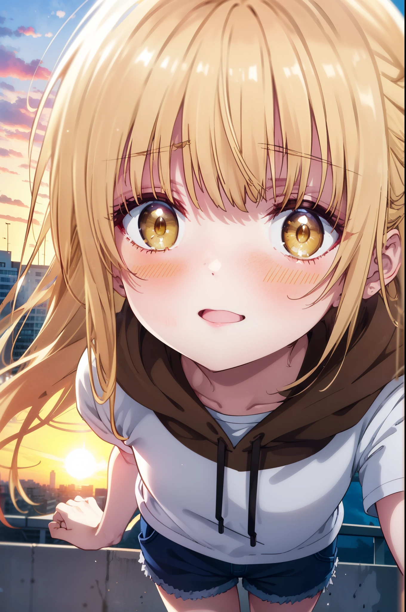 mahirushiina, Mahiru shiina, blonde, (Brown eyes:1.7), Long Hair, smile,blush,Open your mouth,Yellow oversized hoodie,Short sleeve,Shorts,black tights,short boots,whole bodyがイラストに入るように,evening,sunset,The sun is setting,
break looking at viewer, whole body,crowd, people々々,
break outdoors, In town,Building district,
break (masterpiece:1.2), highest quality, High resolution, unity 8k wallpaper, (shape:0.8), (Beautiful details:1.6), Highly detailed face, Perfect lighting, Extremely detailed CG, (Perfect hands, Perfect Anatomy),