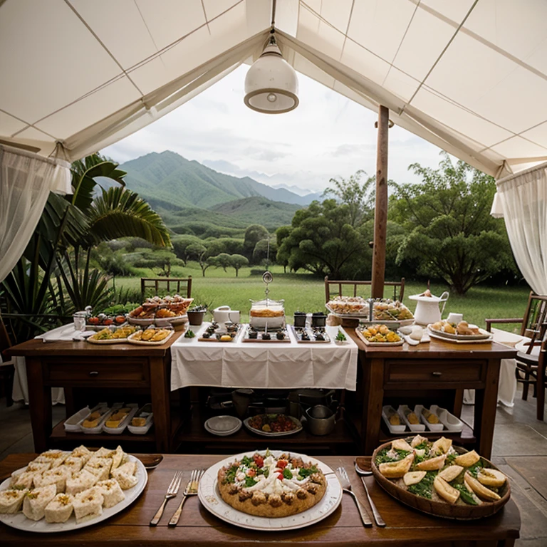 Festive buffet setup in old Philippine kitchen in white tent