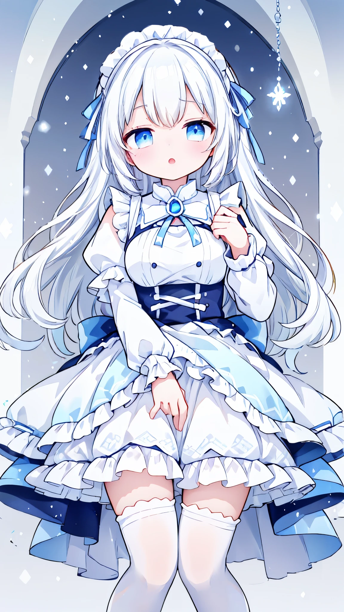 Long white hair，blue eyes，Light blue dress，Snow Scene，White knee socks（1.2），maid outfit，Lift up your skirt，