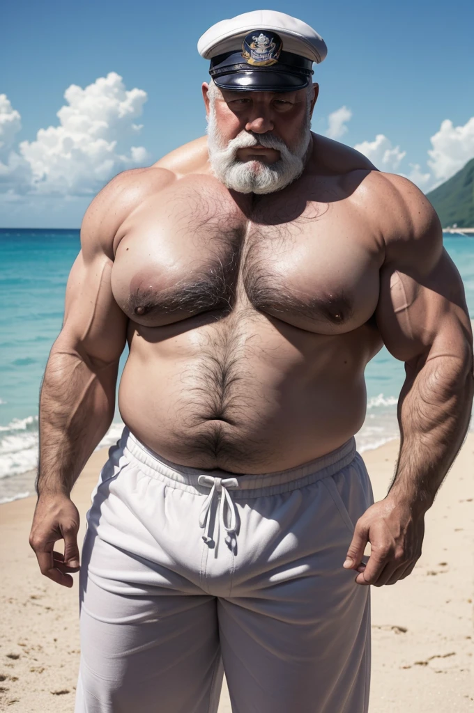 A gray haired American sailor super heavyweight bodybuilder with a sailor cap on his head with no shirt A full body obese bodybuilder with a very sweaty body An extremely muscular and extremely fat old man over 70 years old weighing over 600 pounds Very muscular very hairy with big pecs with dark nipples and gynecomastia on a tropical beach wearing white sailor pants