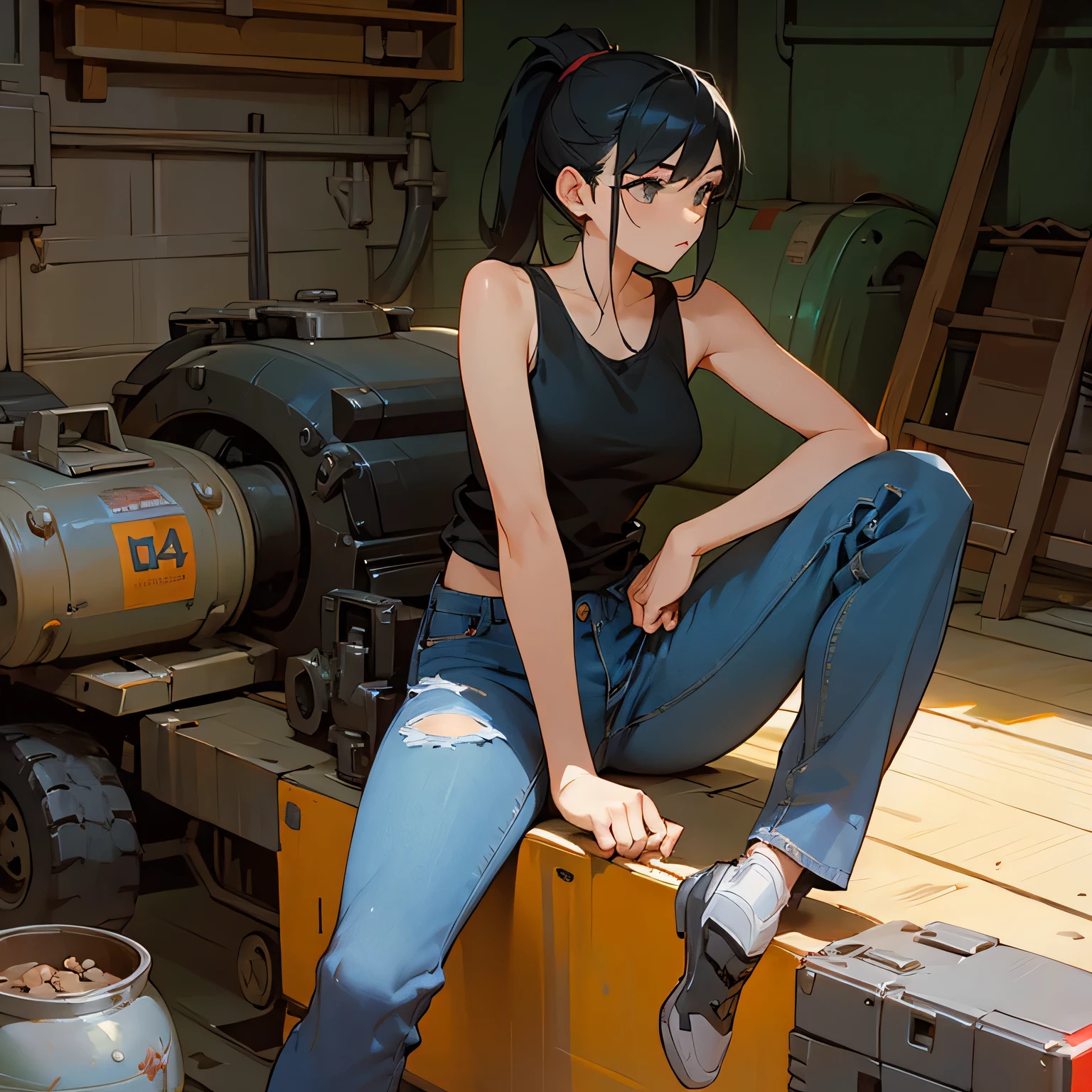 girl、Black Hair、ponytail、Tank top、jeans、sit、Giant robot、Junk、tool、Oil