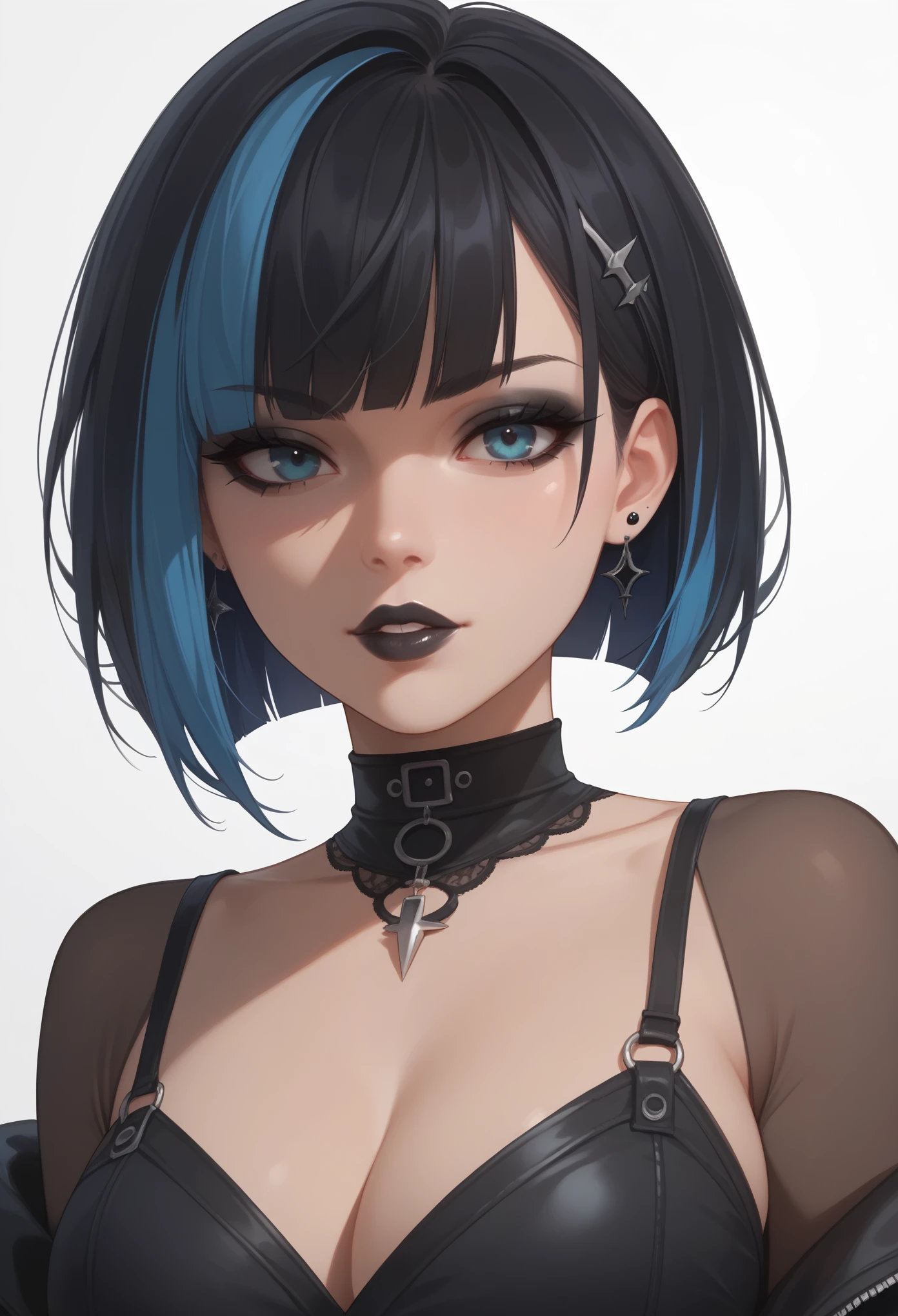 score_9, score_8_up, score_7_up, 1girl,solo, upper body,looking at viewer, white background, bob cut, short hair, multicolored hair, makeup , parted lips, black lips, eyeliner, gothic, goth woman