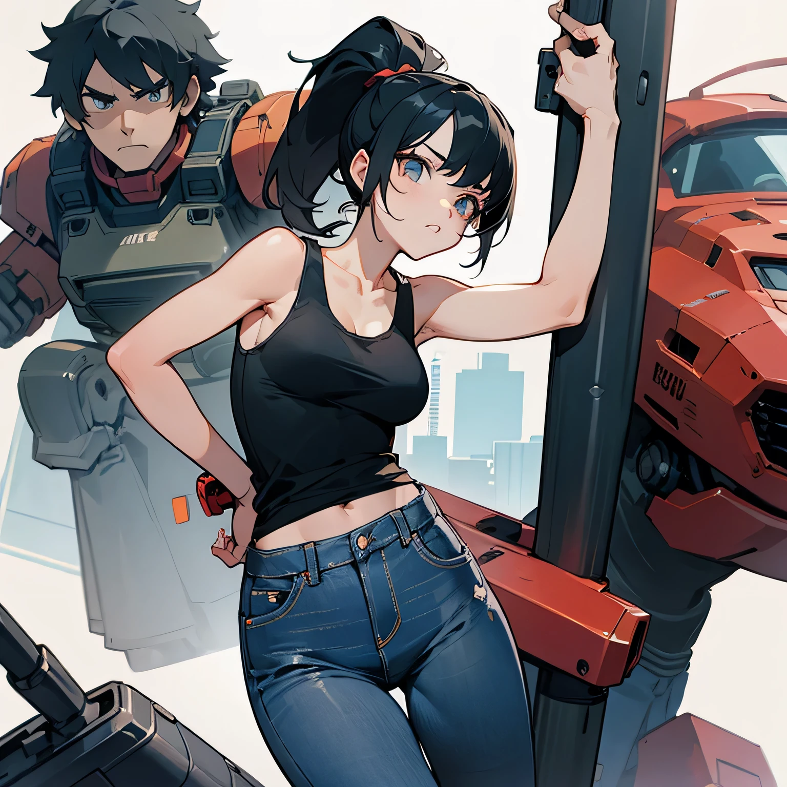 girl、Black Hair、ponytail、Tank top、jeans、Giant robot、tool