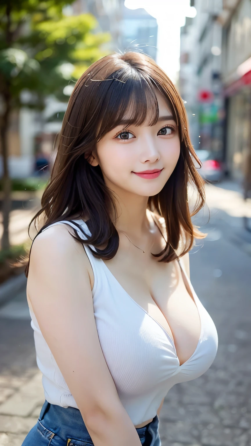 (masterpiece, highest quality: 1.2)、(White skin: 1.3)、(Beautiful Face: 1.3), (超Detailed Background, Detailed Background: 1.3)、Beautiful Japanese Women Photos、Upper body image、(Droopy eyes: 1.4)、Brown eyes、Beautiful brown hair、Blunt bangs、Long Hair、((Large Breasts:1.2))、(I can see her cleavage、T-Shirts、Denim shorts)、(detailed city background:1.2), (Captivating smile:1.15), Perfect female body