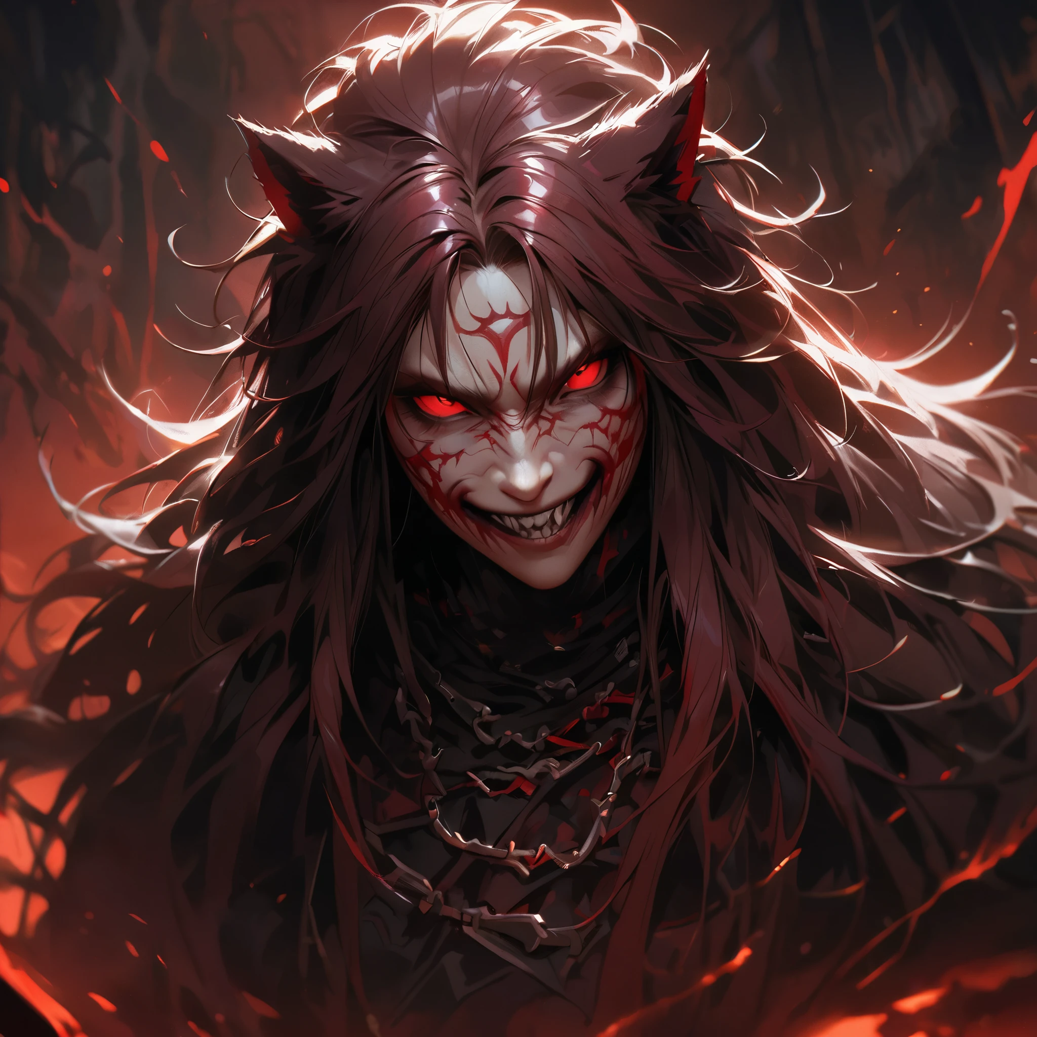 [Best Quality, Shaded, Extreme Detail, Highly Detailed, Ultra Detailed, Intricate, Realistic, Perfect Face, Full Body Portrait], Fenrir Woman, Thick Fur, Full Tail, Long Hair, (Dark Color Fur), Eyes dark red color, expressive smile, aggressive face, demonic clothes (dark color), shoes (gothic style high boots), the scene takes place in hell with a sinister and dark atmosphere.