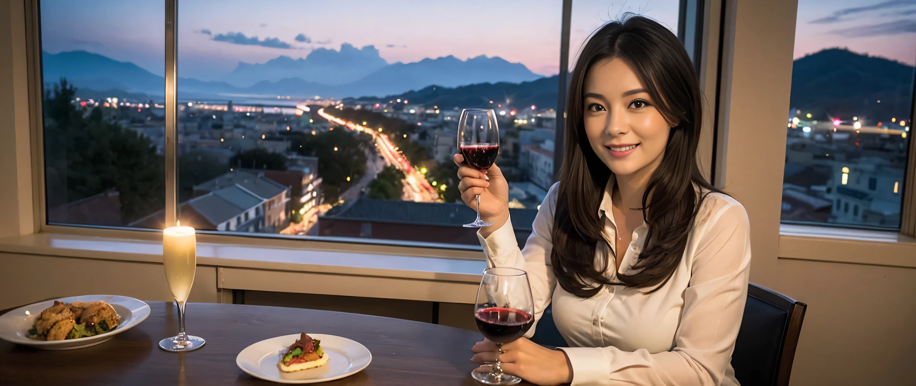 ((highest quality、8k、masterpiece:1.3))、Sharp focus:1.2、Beautiful woman perfect body:1.4、Slim body、((Bob Hale、Straight hair:1.2))、(to be born, highest quality, masterpiece:1.5), (Realistic, Intricate details:1.2), Wine on the table、, shine a light on your face、Amazing view of the sunset sky and clouds、Amazing mountain views、A bright smile、A lovely woman with a smile、Bright image、The beauty of wine, Beautiful Face, blue eyes, The light shines on your face, Blushing, short hair,Bright Face、Fox face、 (Age 35), 39 years old, Lady、red wine 、Appetizers、Italian food、Wine bottle、Champagne、sparkling wine、Two beauties、Brown Hair、Shortcuts、Long sleeve shirt、dress、Pretty Woman 1, (Slim face), (The body is slim), (Brown Hair), (Shortcuts), cheeks turn a little red,Attractive beauty、, Out of the window, A beautiful and detailed night view unfolds.........., restaurant, In a prominent place (From the waist up) Nova Frog Style, actress, model, Upper Body, White wine, slim, wine glass, A wine glass placed in the middle, smile, (smile: 1.15), Beautiful fine grain, Depth f/2,saturation, High Contrast, Strong light and shadow,Moist Body:1.5、3D texture、Delicate eyes、Brown Hair、The hair is very shiny、