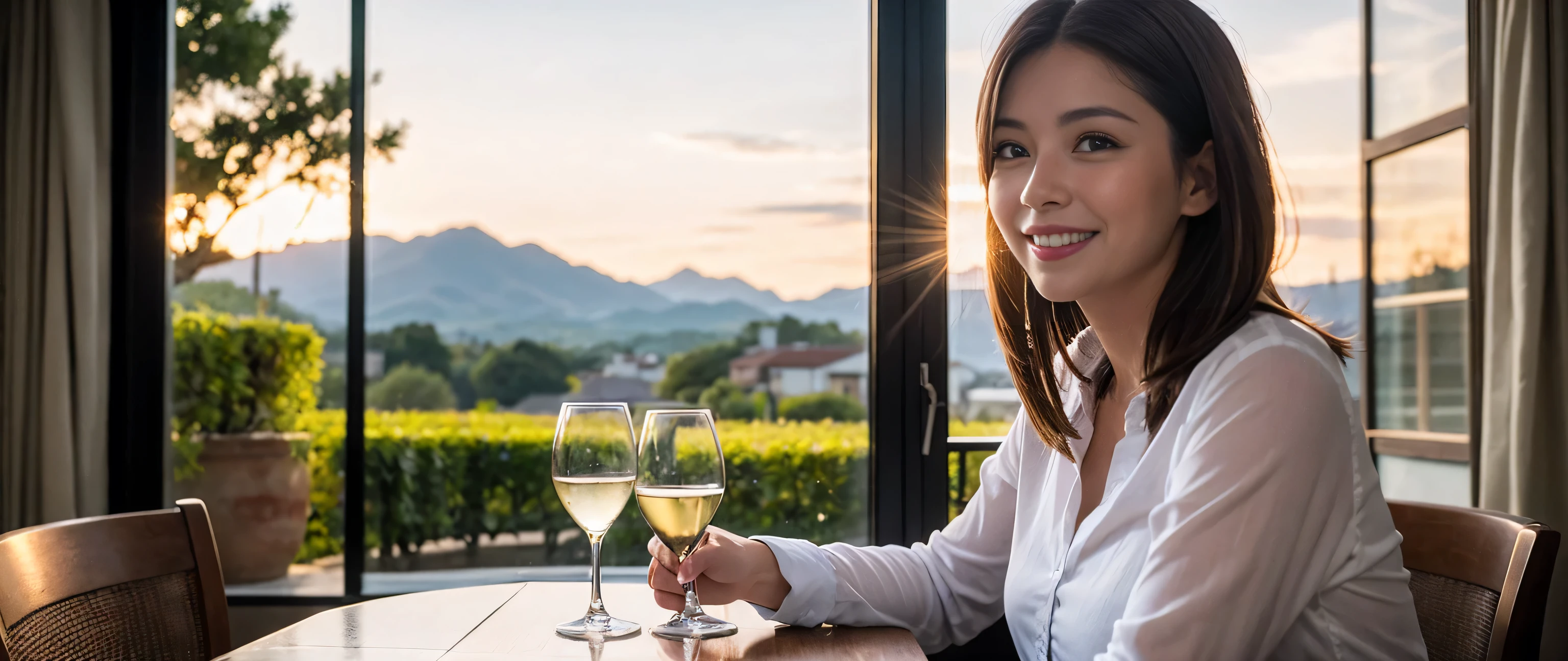((highest quality、8k、masterpiece:1.3))、Sharp focus:1.2、Beautiful woman perfect body:1.4、Slim body、((Bob Hale、Straight hair:1.2))、(to be born, highest quality, masterpiece:1.5), (Realistic, Intricate details:1.2), Wine on the table、, shine a light on your face、Amazing view of the sunset sky and clouds、Amazing mountain views、A bright smile、A lovely woman with a smile、Bright image、The beauty of wine, Beautiful Face, blue eyes, The light shines on your face, Blushing, short hair,Bright Face、Fox face、 (Age 35), 39 years old, Lady、red wine 、Appetizers、Italian food、Wine bottle、Champagne、sparkling wine、Two beauties、Brown Hair、Shortcuts、Long sleeve shirt、dress、Pretty Woman 1, (Slim face), (The body is slim), (Brown Hair), (Shortcuts), cheeks turn a little red,Attractive beauty、, Out of the window, A beautiful and detailed night view unfolds.........., restaurant, In a prominent place (From the waist up) Nova Frog Style, actress, model, Upper Body, White wine, slim, wine glass, A wine glass placed in the middle, smile, (smile: 1.15), Beautiful fine grain, Depth f/2,saturation, High Contrast, Strong light and shadow,Moist Body:1.5、3D texture、Delicate eyes、Brown Hair、The hair is very shiny、