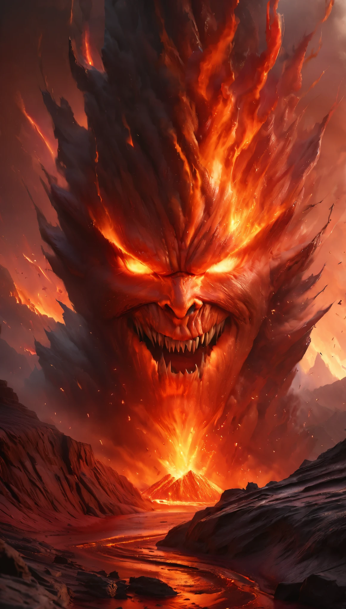 demon struggling in lava,high temperature steam,molten lava erupting,dynamic energy,superrealism,conceptual art,(best quality,4k,8k,highres,masterpiece:1.2),ultra-detailed,(realistic,photorealistic,photo-realistic:1.37),intense red background,detail depiction,dark tones,fiery atmosphere,stunning visual effects,hot glowing embers,ominous presence,blurred boundaries,volcanic eruption effects,otherworldly aesthetic,emotional intensity,fiery inferno,seething energy,molten rock,sublime chaos,violent eruption,elemental power,supernatural struggle,abstract landscape,hellish landscape,emerging demon figure,ethereal beauty,transcendent experience,luminous shadows,ephemeral forms,enigmatic shapes,