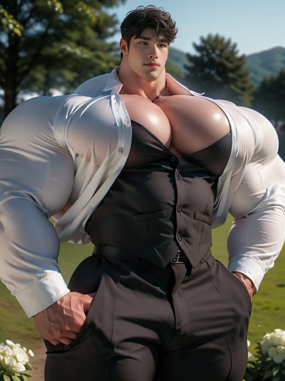 (best quality:1.5, hyperrealistic:1.5, photorealistic:1.4, madly detailed CG unity 8k wallpaper:1.5, masterpiece:1.3, enthusiastically detailed photo:1.2), (hyper-realistic lifelike texture:1.4), highly detailed, ((masterpiece, best quality)), retouched, extremely detailed 8K wallpaper, 1 korean male, (korean man with k-pop idol look), 20yo, handsome, hyper muscle, stubble, firm, shirtless, wear groom costume & pants, big guy, photo real, illuminating light, brutalmass, giant muscular bodybuilder, bulk, massive body, large size, charming, wedding decorated field with white flowers, outdoor