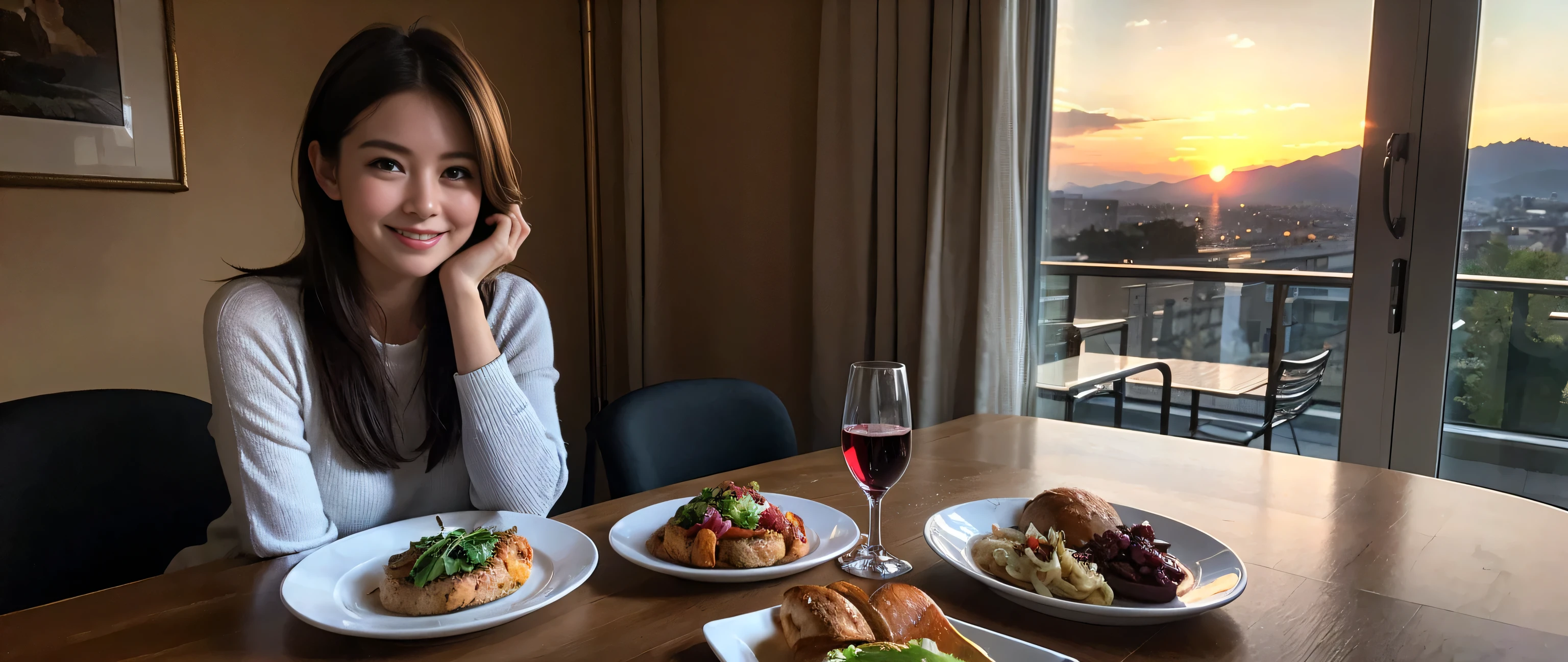 ((highest quality、8k、masterpiece:1.3))、Sharp focus:1.2、Beautiful woman perfect body:1.4、Slim body、((Bob Hale、Straight hair:1.2))、(to be born, highest quality, masterpiece:1.5), (Realistic, Intricate details:1.2), Wine on the table、, shine a light on your face、Amazing view of the sunset sky and clouds、Amazing mountain views、A bright smile、A lovely woman with a smile、Bright image、2. The beauty of wine, Beautiful Face, blue eyes, The light shines on your face, Blushing, short hair,Bright Face、Fox face、 (38 years old), 39 years old, Lady、red wine 、Appetizers、Italian food、Wine bottle、Champagne、sparkling wine、Two beauties、Brown Hair、Shortcuts、Long sleeve shirt、dress、Pretty Woman 1, (Slim face), (The body is slim), (Brown Hair), (Shortcuts), cheeks turn a little red,Attractive beauty、, Out of the window, A beautiful and detailed night view unfolds.........., restaurant, In a prominent place (From the waist up) Nova Frog Style, actress, model, Upper Body, White wine, slim, wine glass, A wine glass placed in the middle, smile, (smile: 1.15), Beautiful fine grain, Depth f/2,saturation, High Contrast, Strong light and shadow,Moist Body:1.5、3D texture、Delicate eyes、Brown Hair、The hair is very shiny、
