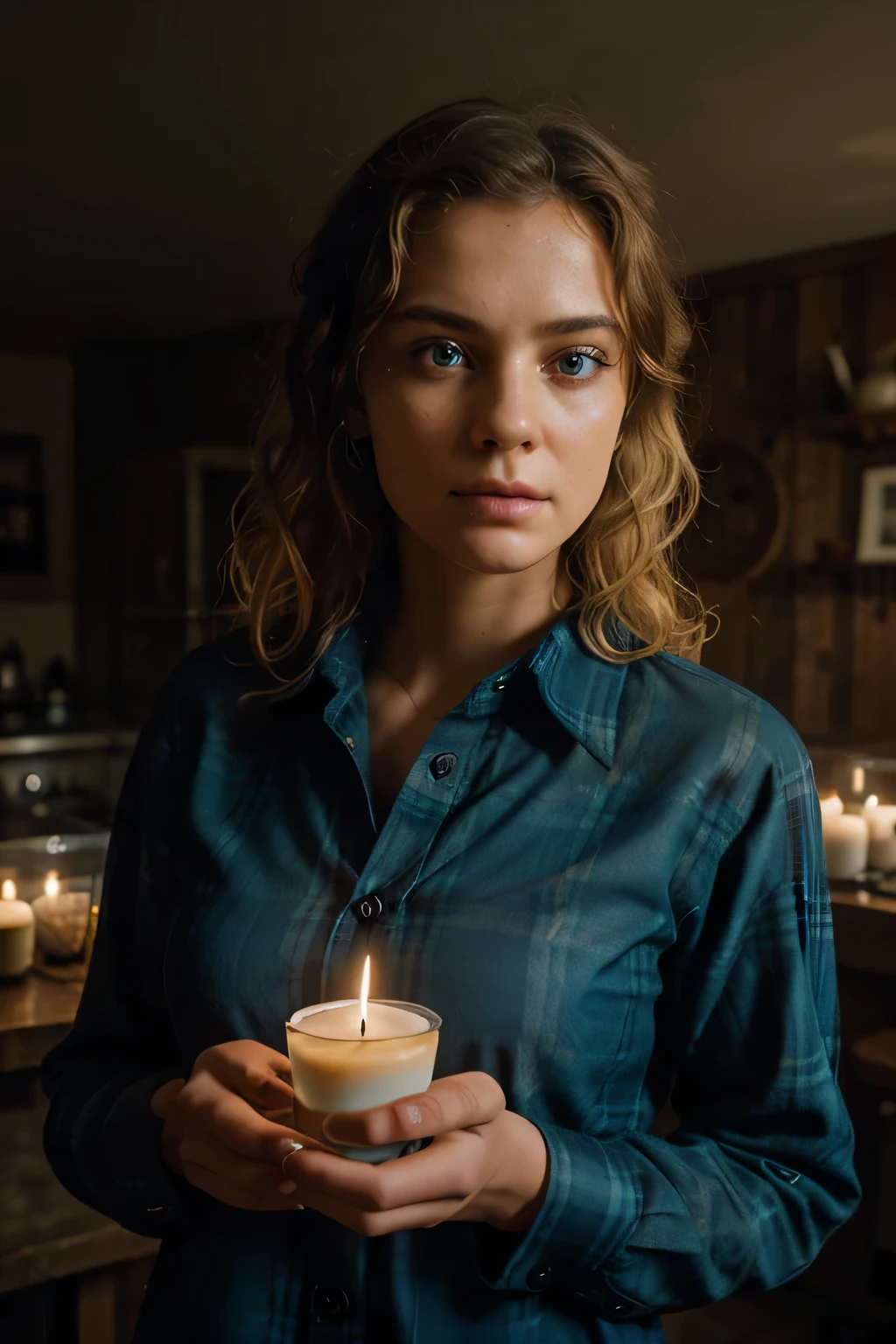 photograph of a woman (problematic facial expression), ultra textured skin, face turned to camera, full face, goosebumps, curly blonde hair, plaid flannel sports shirt, cowboy shot, dark and mysterious cafe with unique hidden formations and hidden wonders, full body height , perfect blue eyes (candles, chiaroscuro), Porta 160 color, shot on Canon 6D, bokeh, sharp focus on the object, shot by Irving Penn