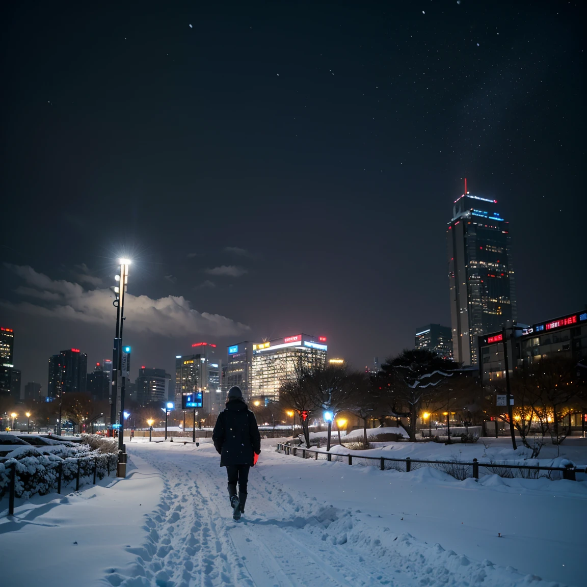 ((​masterpiece)), ((top-quality)), (hight resolution:1.4), (extremely detailed CG unified 8k wallpaper),(Near and far law),Ray Tracing,(A city turned into a jungle:1.5),(depth of field),(beautiful night scene:1.4),(projected inset),(((very dark background))),(Midnight:1.4),midwinter,(cloudy ash sky:1.2),(Detailed Shinjuku Gyoen National Garden;1.4),(Detailed ruins:1.4),(In the midst of falling snow:1.4),(from behind),((Chilling Wind)),(Large snow:1.4),TOKYOcty,Shinjuku,By Shinkai Makoto,(Garden of Words:1.3),((Detailed distant cityscape)),Residential area,condominium,apartament,Photorealsitic,Background Focus,Panoramic shooting,f/2.8,35m