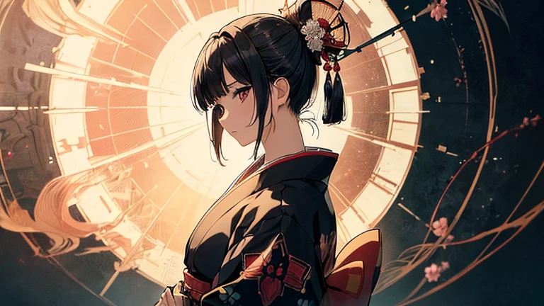 1 Samurai girl, Stand at the bow, Character Focus ,(Movie angle), From below, From the side ,Japanese clothing, Colorful kimonos ,Black Hair,Serious face ,(((Looking to the future))),High resolution,(Incredibly absurd),Anime Visual,Highly detailed CG Unity 8k wallpaper, ((masterpiece)), ((highest quality)), (Beautiful illustrations), ((Very delicate and beautiful))