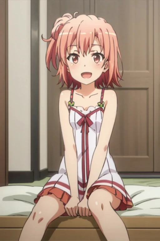((highest quality)), ((masterpiece)), (be familiar with), Perfect Face, indoor, Bedroom, Watching the audience,
One woman, Yuigahama Yui,
Open Mouth, Ecstatic expression, blush, smile,
Small breasts, Flat Chest, Young Girl, , , Girl,
Short Hair, Salmon-colored hair, Salmon-colored eyes, Side Pony,
Leg spread,