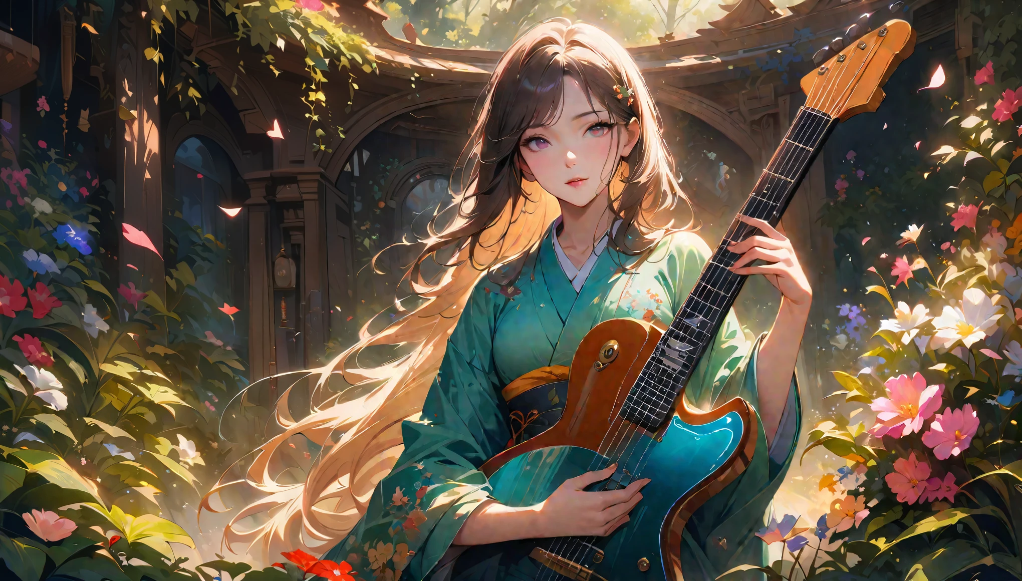 (highest quality,4K,8k,High resolution,masterpiece:1.2),Very detailed,Realistic,Transparent guitar sculpture,A clear spring morning,Sunlight reflecting off a guitar,Body Details,Delicate strings,Vibrant color palette,Sculpting Tools,Hourglass Shape,Sound hole,Graceful curves,Polished surface,Delicate carving,Light and shadow effects,Subtle reflection,Sparkling Surface,Shining Jewels,Petals falling,Floral,Emerald accents throughout,Transparent essence of spring,Mysterious atmosphere,Peaceful garden background,Serene atmosphere,Morning Dew,wood々The soft sunlight filtering through,Lush greenery,Brightly colored flowers,Harmony between nature and art,Perfect craftsmanship,Transcendental beauty,Awe-inspiring works of art,Wearing a Japanese kimono
