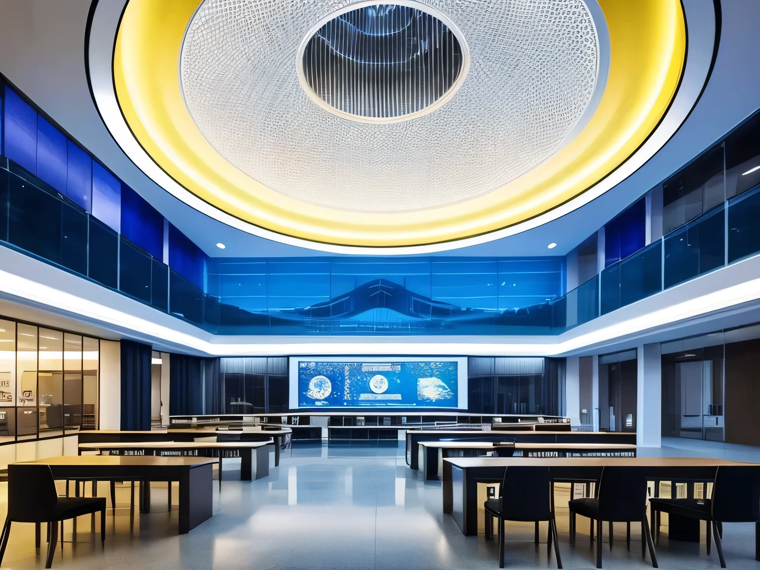 In the library,Transparent dome,Automatically adjust transparency,LED lights simulating starry sky,Information waterfall,Holographic projection,data stream,Interactive smart bookshelf,Touch screen cover
