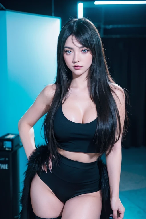 masterpiece, gothic aesthetic, dream atmosphere, ultra realistic, 16k, best quality, absurdres, perfect anatomy, 1girl, goth brunette, voluminous silky hair, cute hair fringe, goth makeup, realistic turquoise eyes (intense look). pale-white skin (highlighted), realistic shading, solo, Caera, realistic blue eyes, black t-shirt, small natural breasts cleavage, large hips, thick thighs, thick legs, black mini skirt, tights (realistic textures), pretty seductive, upper body, beautiful girl, happy, inside a (neon pastel lights) modern house, different poses at different angles, blurred background, cinematic, Photorealistic.