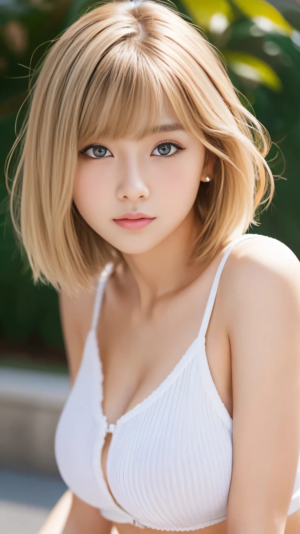 Sexy big 、Sexy and cute look and cute 18-year-old beautiful girl, Beautiful and sexy face、A strong wind blows my hair in front of my face、With short blonde hair、Beautiful, cute and sexy eyes hidden behind long bangs。
