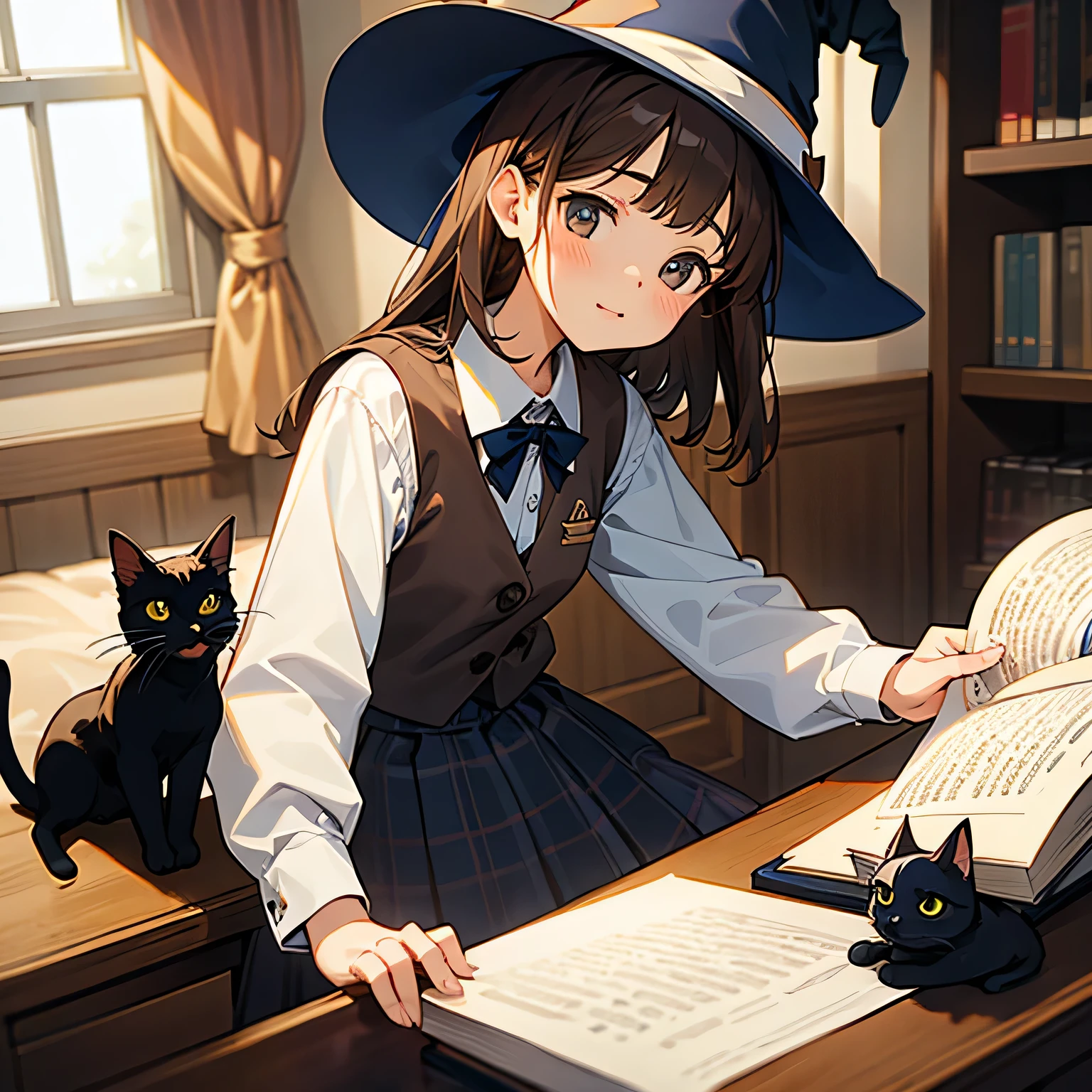 girl、Brown Hair、White shirt、Brown vest、Navy blue checked skirt、witch、Black cat、Book、room