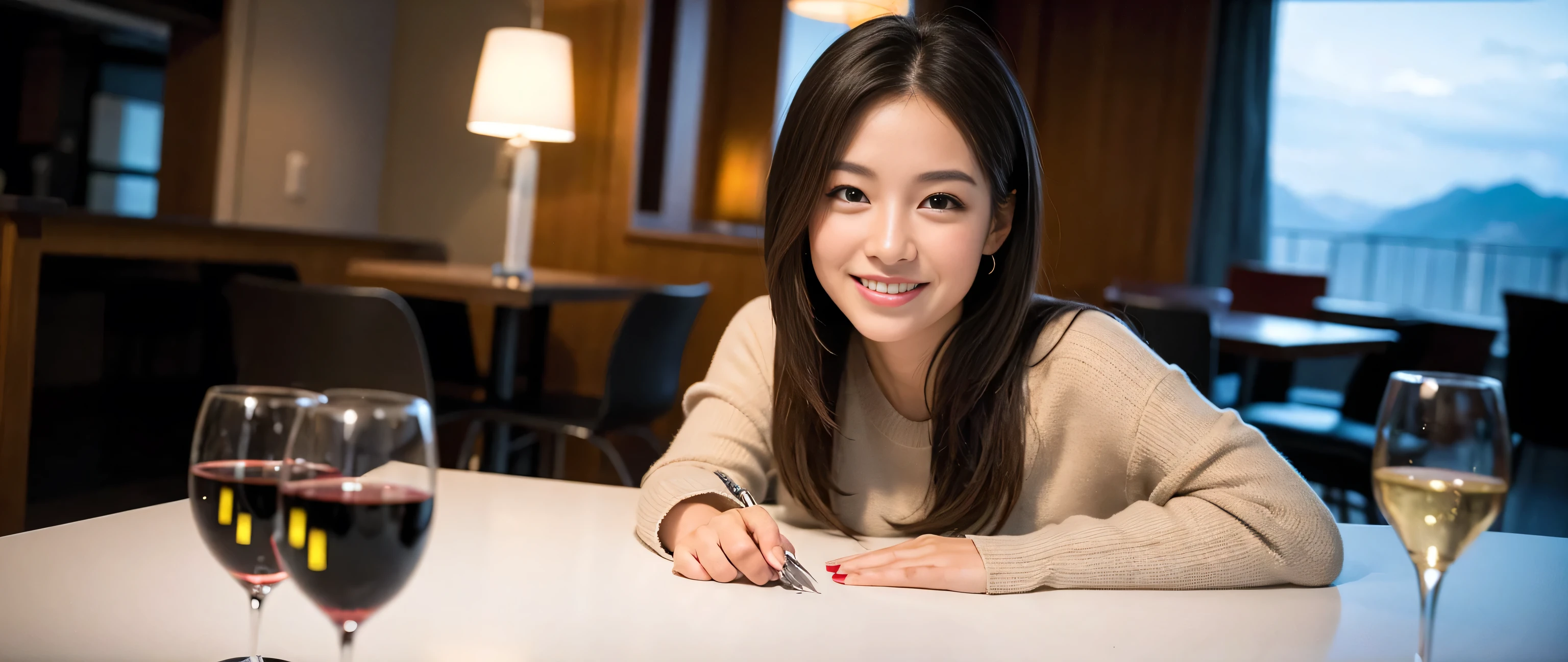 ((highest quality、8k、masterpiece:1.3))、Sharp focus:1.2、Beautiful woman perfect body:1.4、Slim body、((Bob Hale、Straight hair:1.2))、(to be born, highest quality, masterpiece:1.5), (Realistic, Intricate details:1.2), Wine on the table、, shine a light on your face、Amazing view of the sunset sky and clouds、Amazing mountain views、A bright smile、A lovely woman with a smile、Bright image、2. The beauty of wine, Beautiful Face, blue eyes, The light shines on your face, Blushing, short hair,Bright Face、Fox face、 (41 years old), 39 years old, Lady、red wine 、Appetizers、Italian food、Wine bottle、Champagne、sparkling wine、Two beauties、Brown Hair、Shortcuts、Long sleeve shirt、dress、Pretty Woman 1, (Slim face), (The body is slim), (Brown Hair), (Shortcuts), cheeks turn a little red,Attractive beauty、, Out of the window, A beautiful and detailed night view unfolds.........., restaurant, In a prominent place (From the waist up) Nova Frog Style, actress, model, Upper Body, White wine, slim, wine glass, A wine glass placed in the middle, smile, (smile: 1.15), Beautiful fine grain, Depth f/2,saturation, High Contrast, Strong light and shadow,Moist Body:1.5、3D texture、Delicate eyes、Brown Hair、The hair is very shiny、