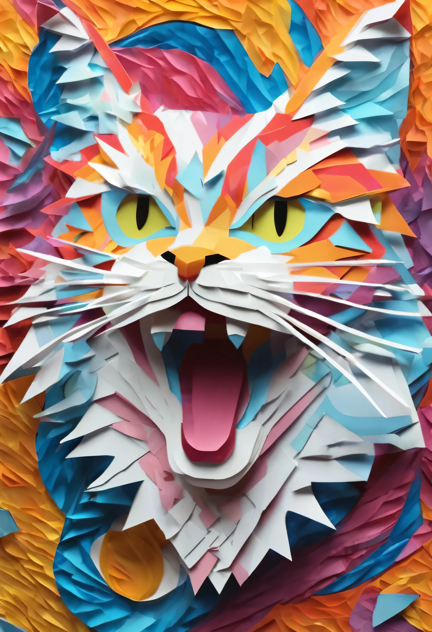 （Hologram projection effect：1.5），(Cat yawning), White Background，(Paper Art, Quilted Paper Art:1.2, geometry:1.1, Tangled,3D Rendering), (Very colorful, highest quality, Advanced Details, masterpiece, Cinema Lighting, 4K)