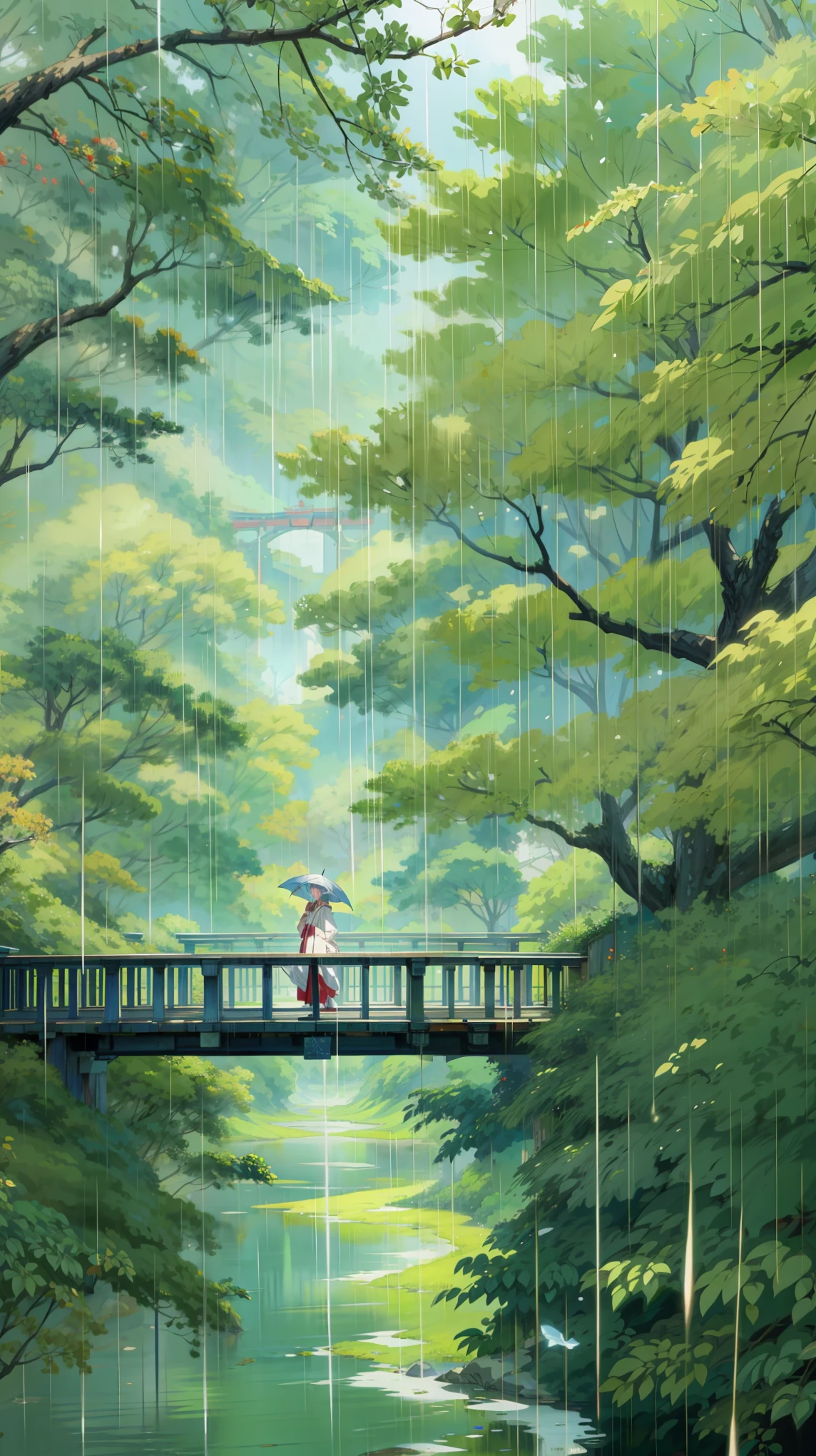 painting of a person standing on a bridge in the rain, yun ling, tatsuro kiuchi, by Shin Yun-bok, by John Wonnacott, blurry and dreamy illustration, by Torii Kiyomasu, painterly illustration, japanese art on behance, blurred and dreamy illustration, tom richmond illustration, by Kim Myeong-guk, illustration, 4k professional painting, game, detailed key anime art, illustation, a beautiful artwork illustration, beautiful digital painting, highly detailed digital painting, beautiful digital artwork, detailed painting 4 k, very detailed digital painting, rich picturesque colors, gorgeous digital painting