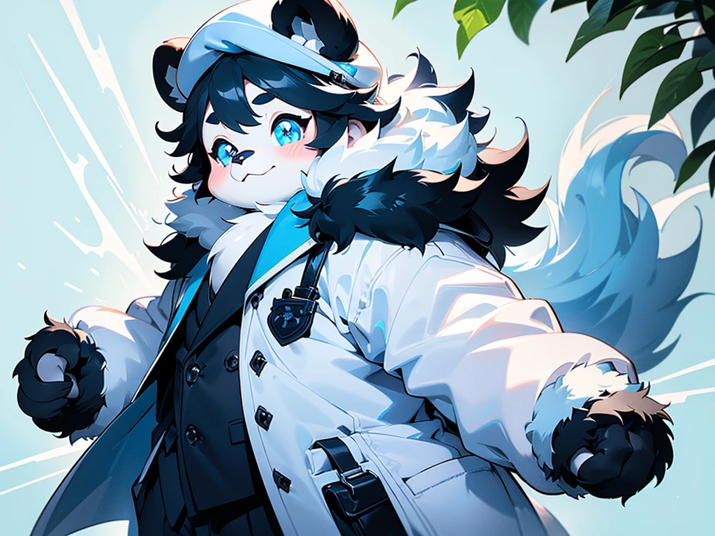 (masterpiece)，(Very detailed)，(best quality)，hairy，Giant Panda，fur，(blush:1.1)，peaceful，((Gentle expression))，Temple Background，8k，(high quality)，(Ultra HD)，(Ultra Detailed)，male，Age 18 years，Slightly plump figure,Cute and handsome,Very kind face。Round and cute cheeks。The left eye pupil is dark green,The pupil of the right eye is light blue。Black and white fur。Sagging eyes。The hair on the left arm and left hand is pure white fur。Wearing a white shirt with a navy blue collar,With a white coat,The upper part of the coat has some light blue ink gradient,Wearing grey trousers,Wearing blue and white sneakers。Wear a beret on the head，The fur on the right arm and right hand is black fur。