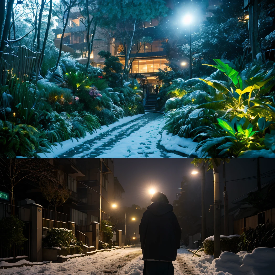 ((masterpiece)), ((top-quality)), (hight resolution:1.4), (extremely detailed CG unified 8k wallpaper),(Near and far law),Ray Tracing,(A city turned into a jungle:1.5),(depth of field),(beautiful night scene:1.4),(projected inset),(((very dark background))),(Midnight:1.4),midwinter,(cloudy ash sky:1.2),(Detailed Shinjuku Gyoen National Garden;1.4),(Detailed ruins:1.4),(In the midst of falling snow:1.4),(from behind),((Chilling Wind)),(Large snow:1.4),TOKYOcty,Shinjuku,By Shinkai Makoto,(Garden of Words:1.3),((Detailed distant cityscape)),Residential area,condominium,apartament,Photorealsitic,Background Focus,Panoramic shooting,f/2.8,35m