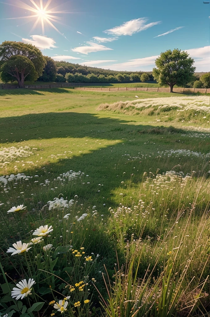 Make me a background with pixel graphics showing a grass field with flowers scattered across it